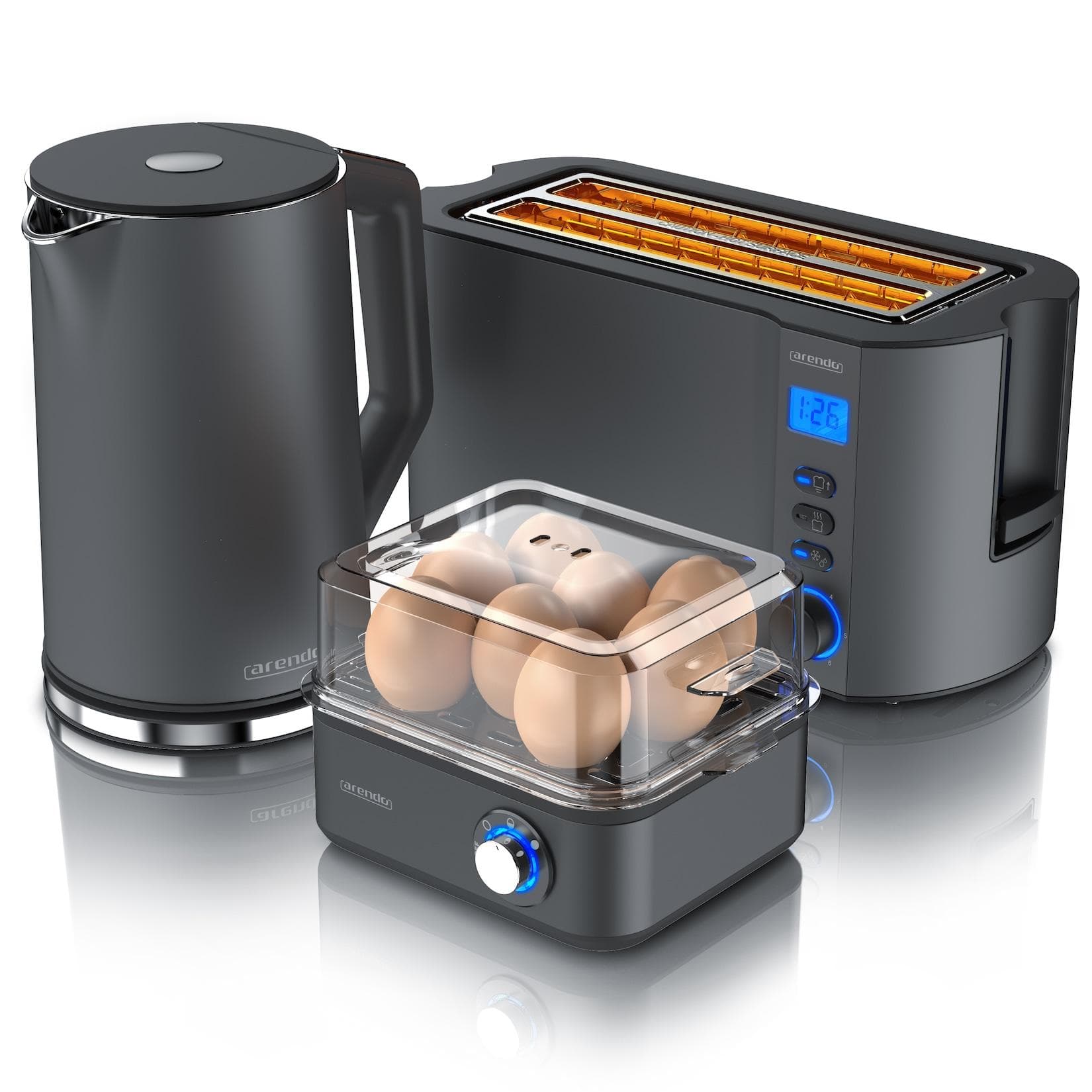 Arendo Frühstücks-Set 3-teilig 4-Scheiben Langschlitztoaster 8er Eierkocher 1,5L Wasserkocher Grau