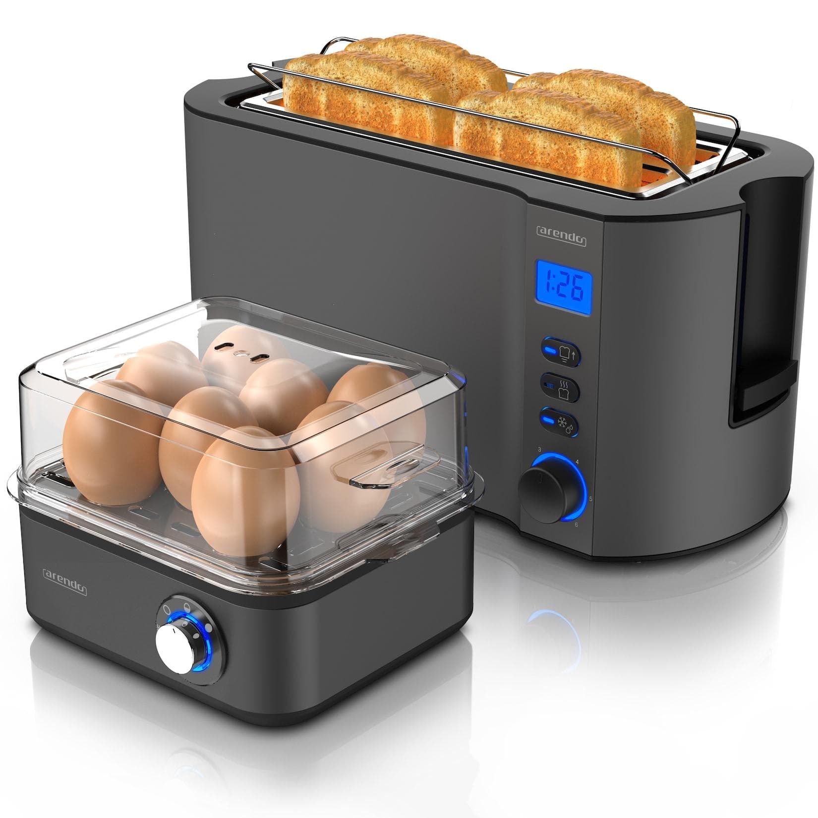Arendo Frühstücks-Set 8er Eierkocher Langschlitz-Toaster 4 Scheiben Grau