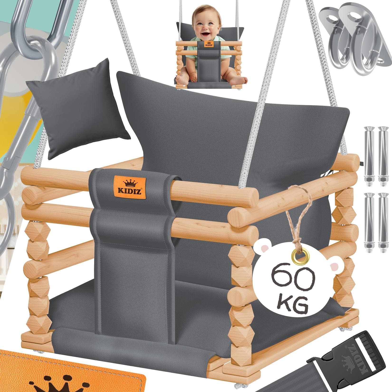 KIDIZ Babyschaukel Holz mit Polster & Sicherheitsgurt Höhenverstellbar