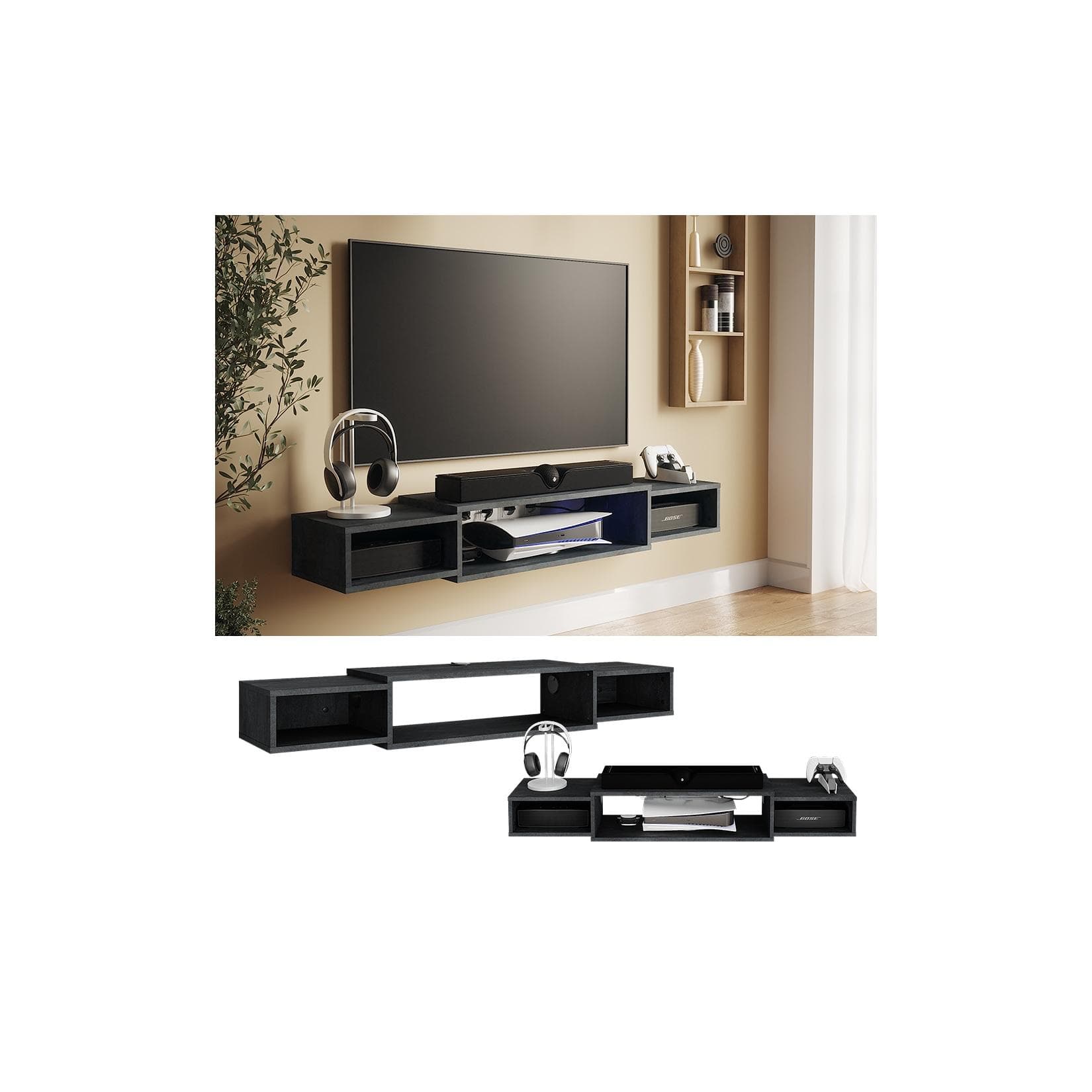 Vicco Lowboard Nordic Schwarz Beton mit offenen Regalen