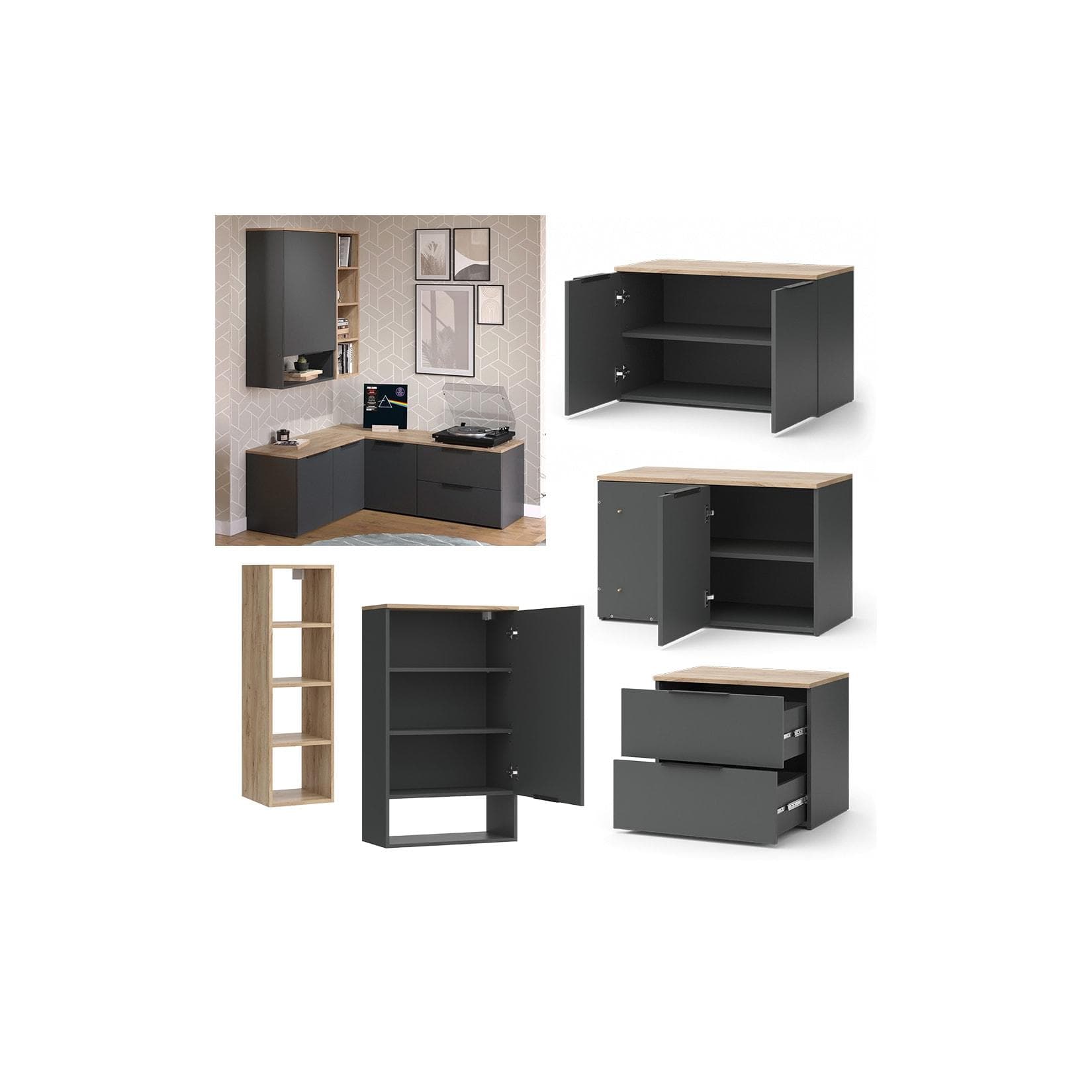 Vicco Wohnwand Wido 5-teilig Anthrazit Eiche TV-Schrank-Set