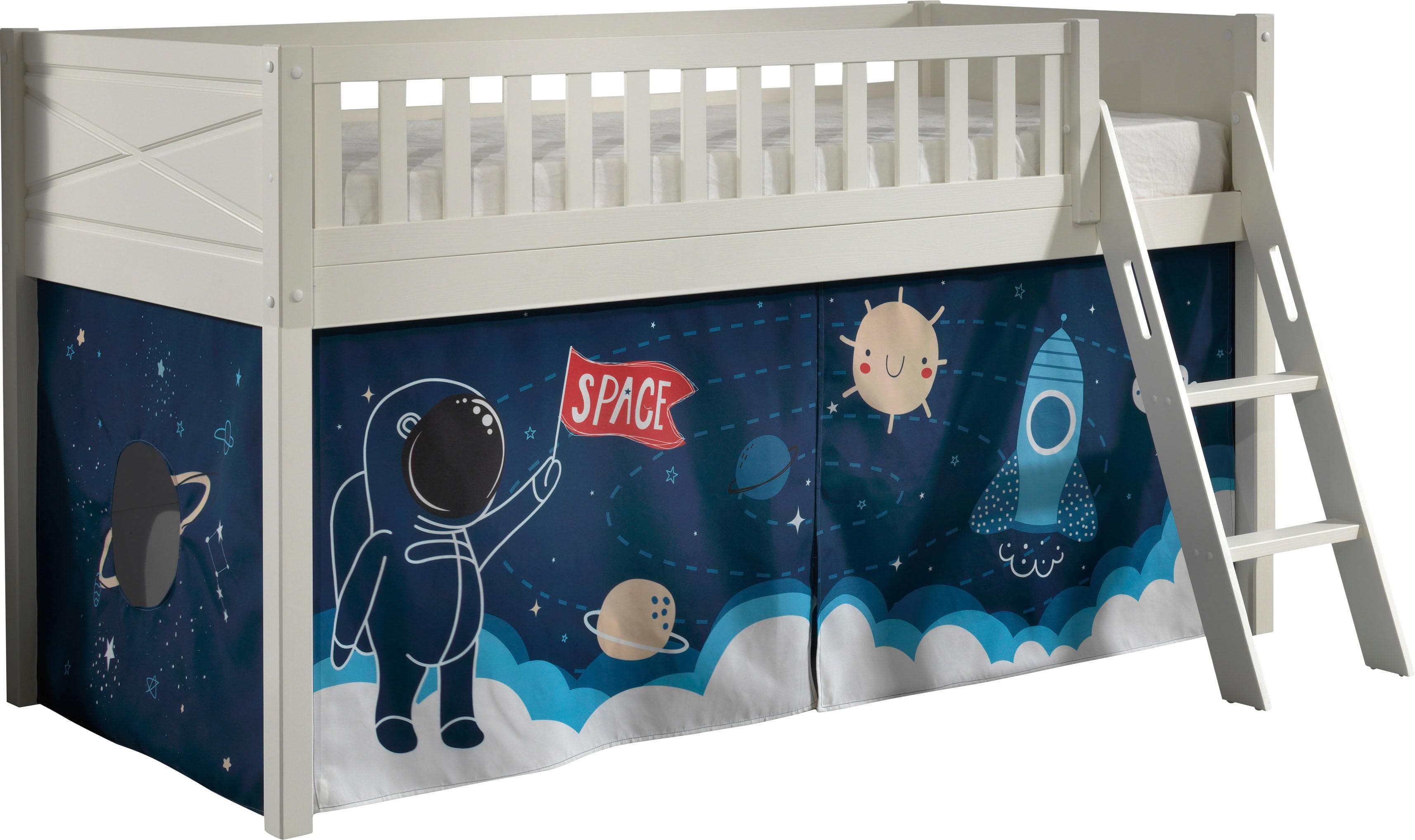 Hochbett VIPACK Scott Weiß mit Vorhang und schräger Leiter