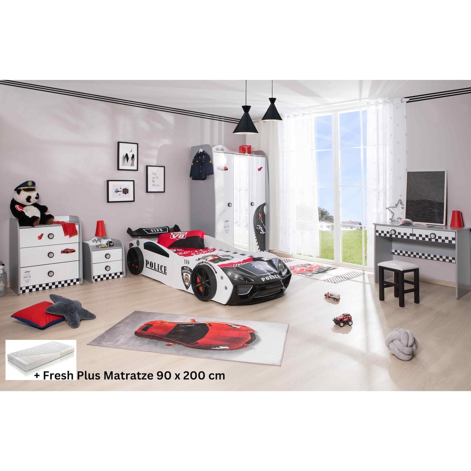 Aileenstore Jugendzimmer-Set Police: Weißes Autobett mit LED & Lattenrost