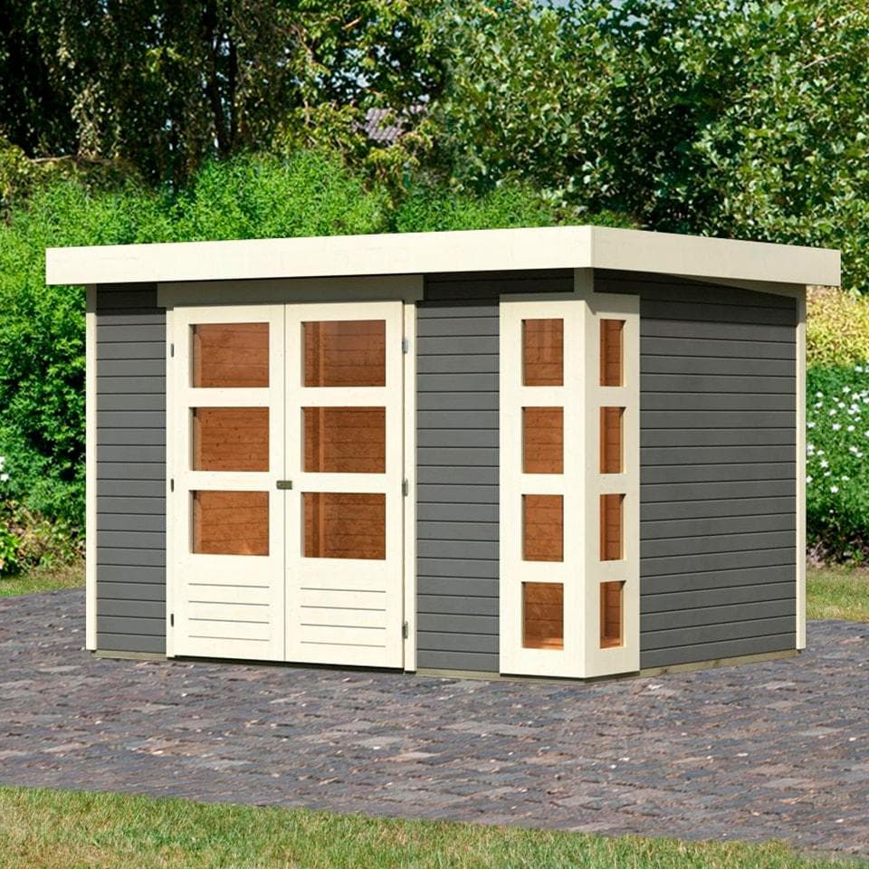 Gartenhaus KARIBU Nordsee 4 Flachdach 8 Fenster Doppelflügeltür Grau