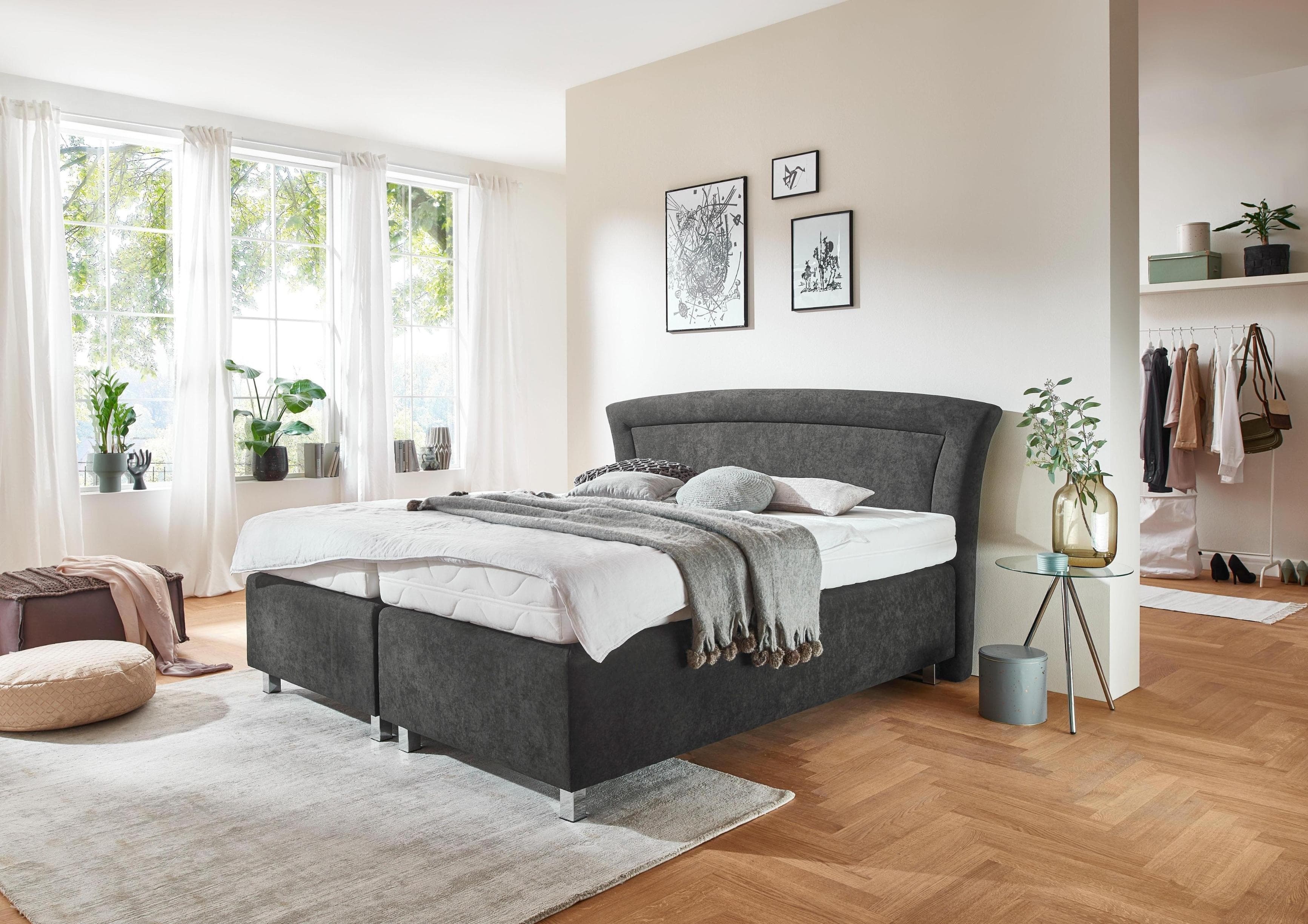 Boxspringbett Grau 160x200cm mit Tonnentaschen-Federkernmatratze H3