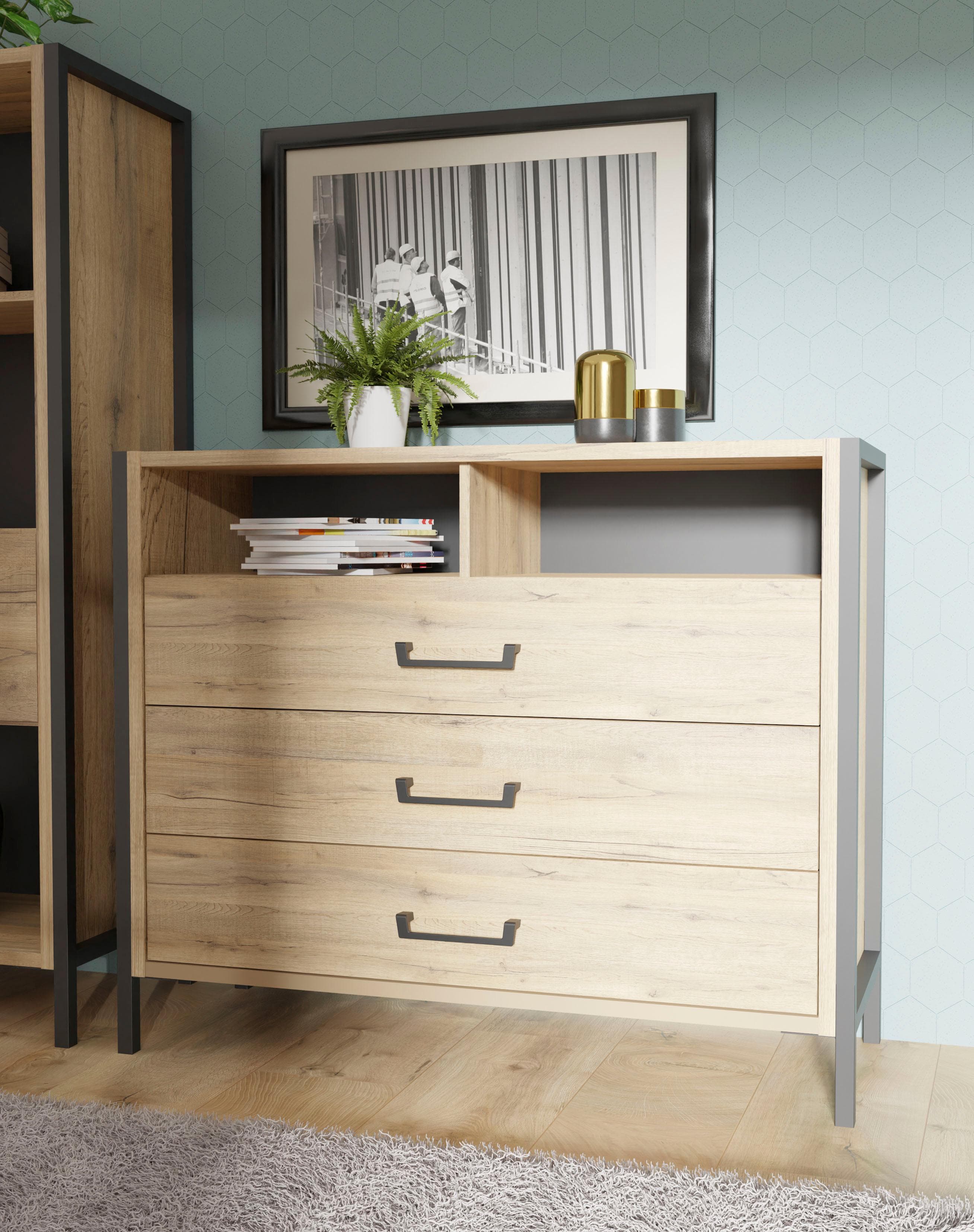 Kommode mit 3 Schubladen in Bartex Eiche Dekor / Schwarz