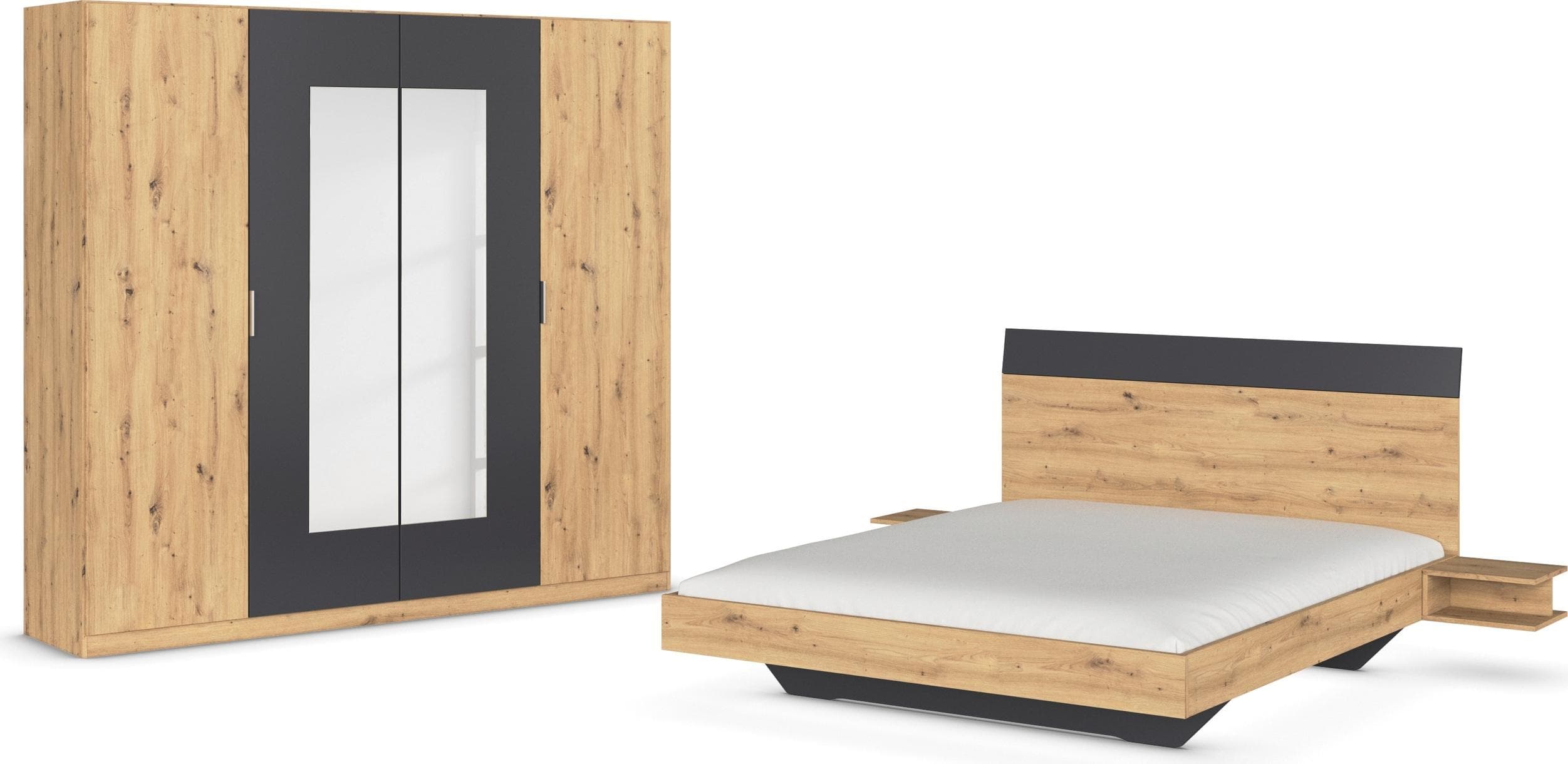 Rauch Monza Schlafzimmer-Set mit Drehtürenschrank und Bettanlage in schwebender Optik