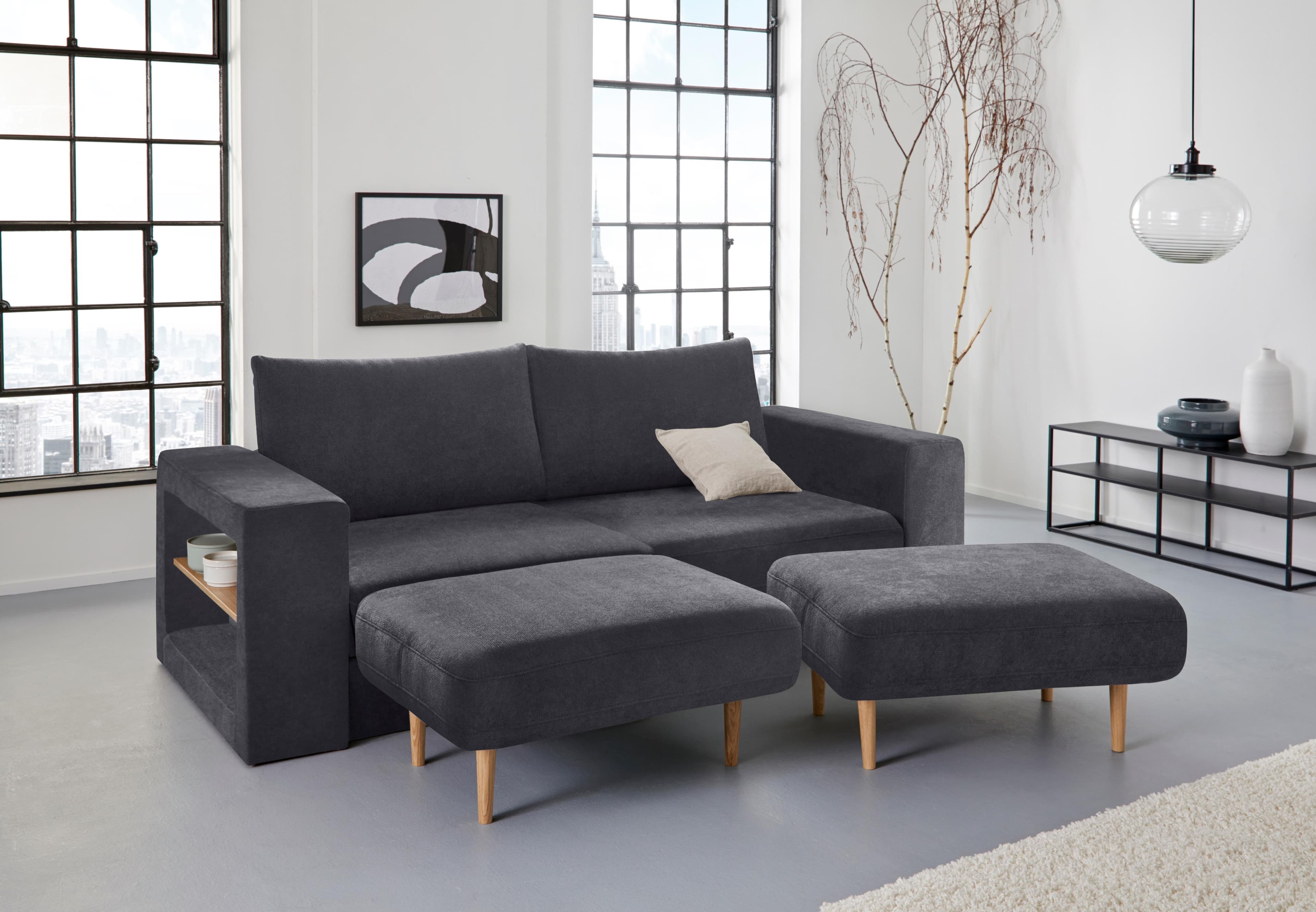 LOOKS by Wolfgang Joop 3,5-Sitzer Sofa Dunkelblau mit Hockern und Regalfunktion