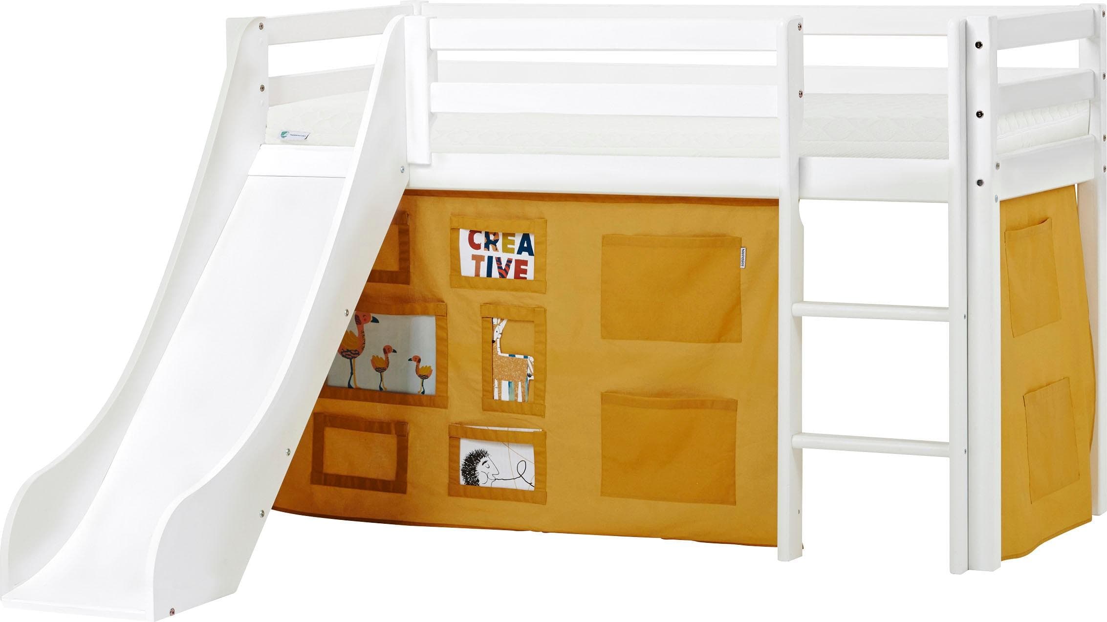 Hochbett mit Rutsche und Vorhang - Gelbes Kinderzimmer-Design