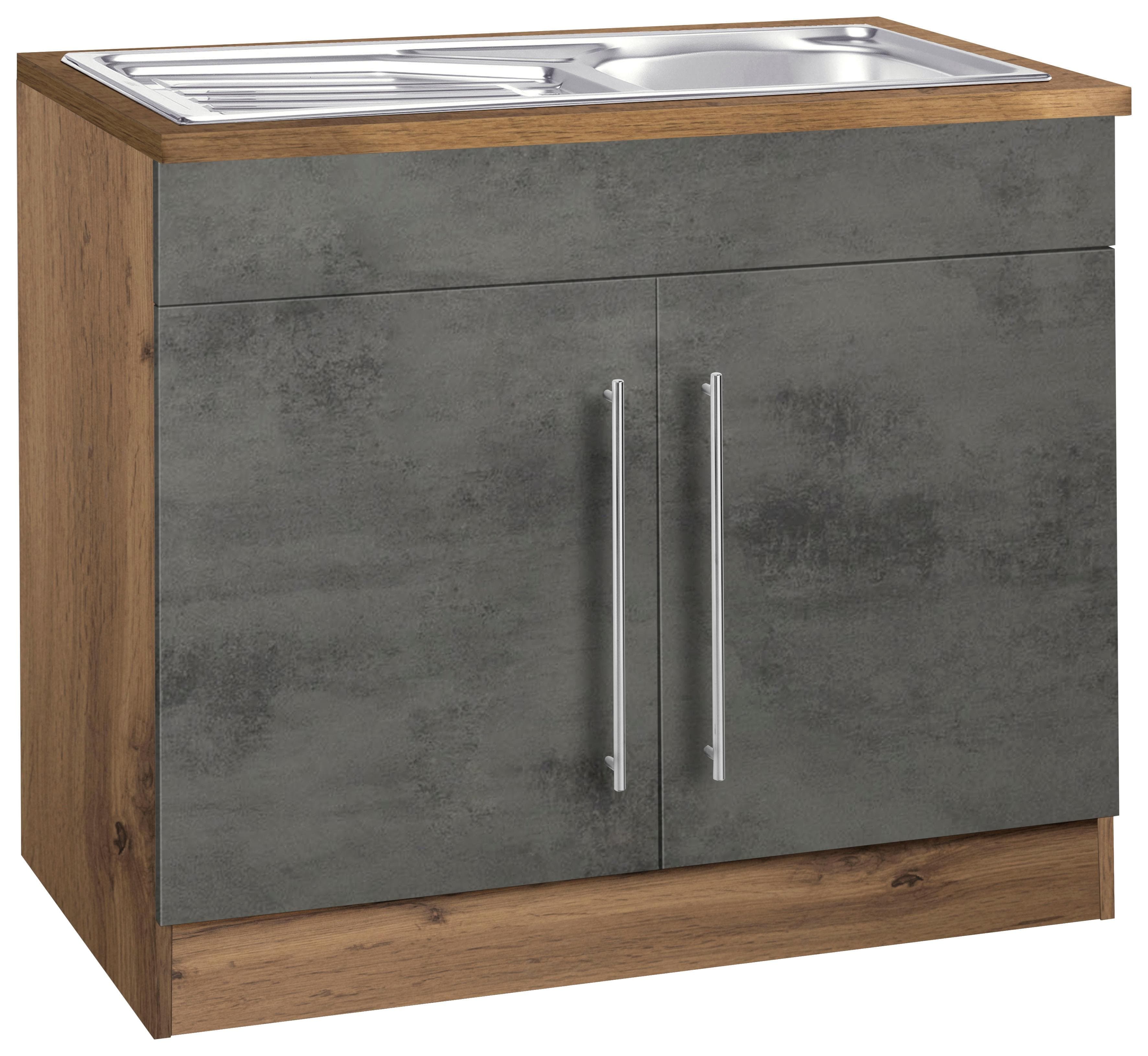 Kochstation Spülenschrank KS-Samos 100cm Grau Braun mit Einbauspüle