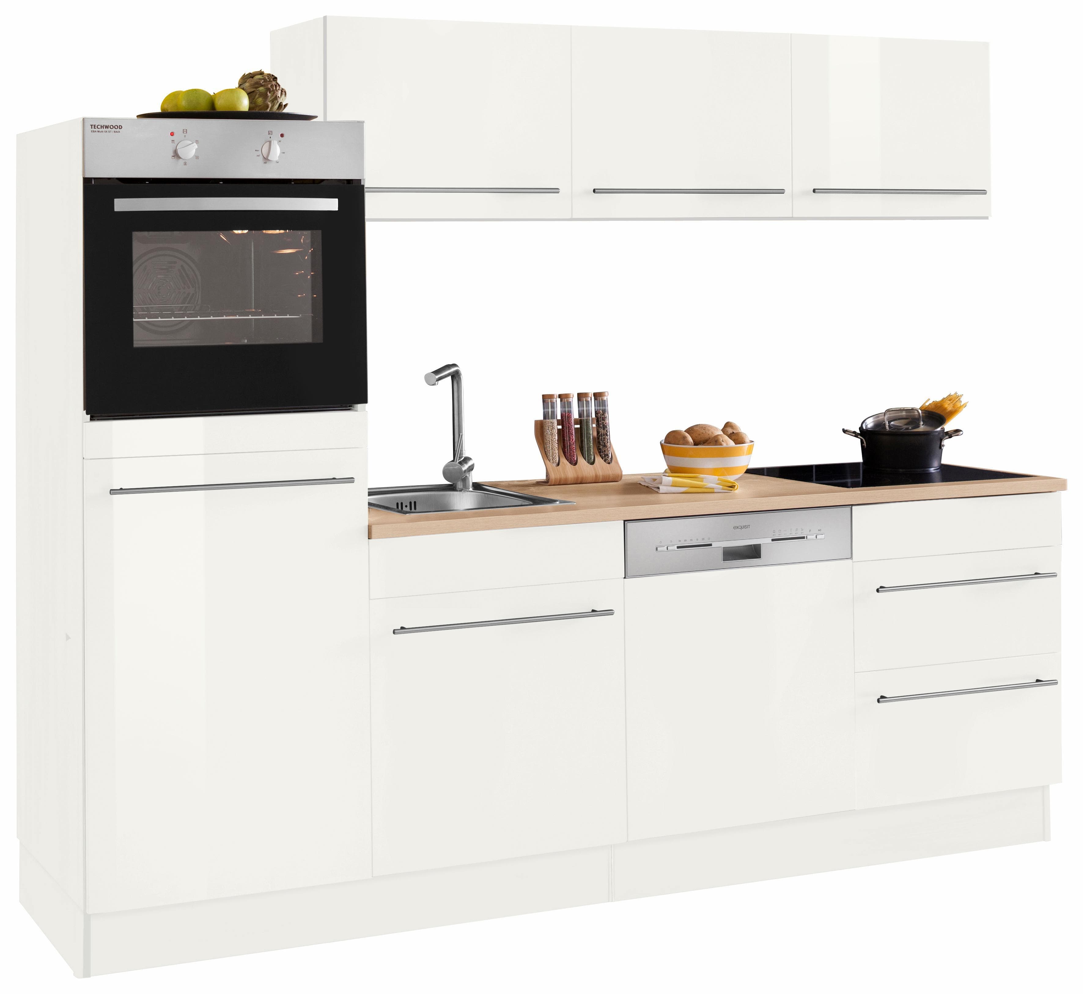 Küche OPTIFIT Bern Weiß Hochglanz 240cm Eichefarben