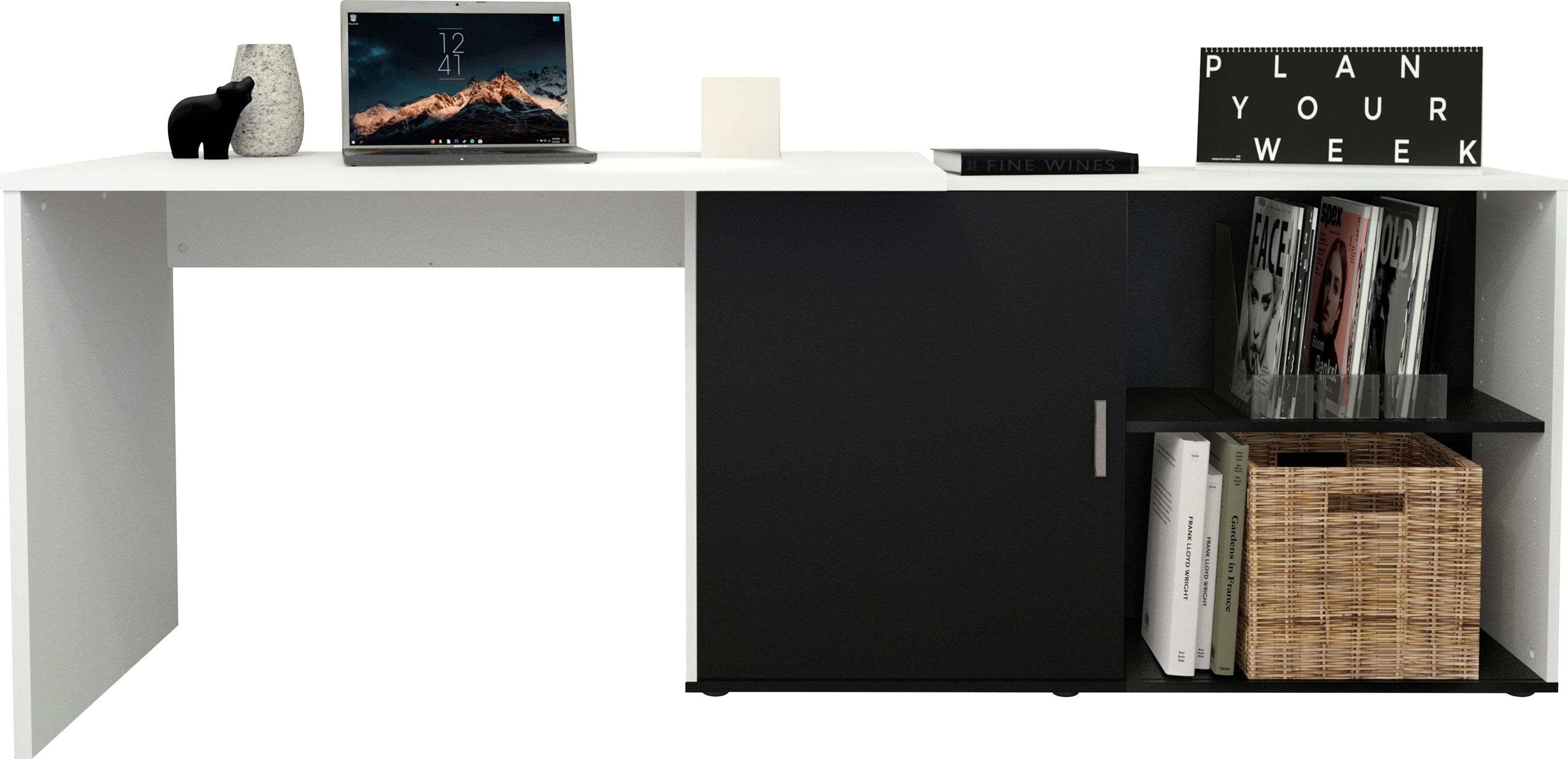 FMD Eckschreibtisch Valley Schwarz-Weiß mit verstellbarer Tischplatte