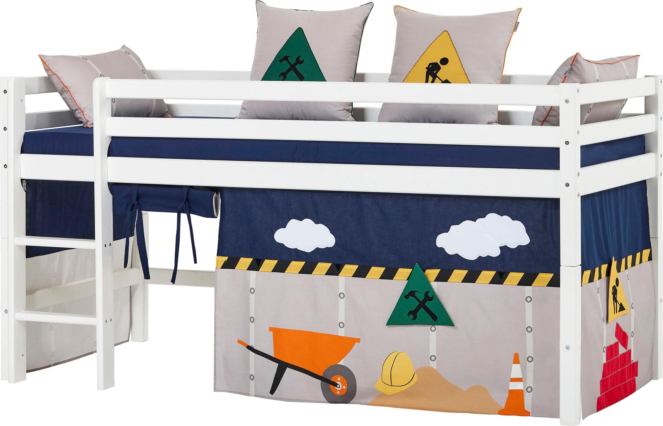 Baustellen-Hochbett mit Vorhang