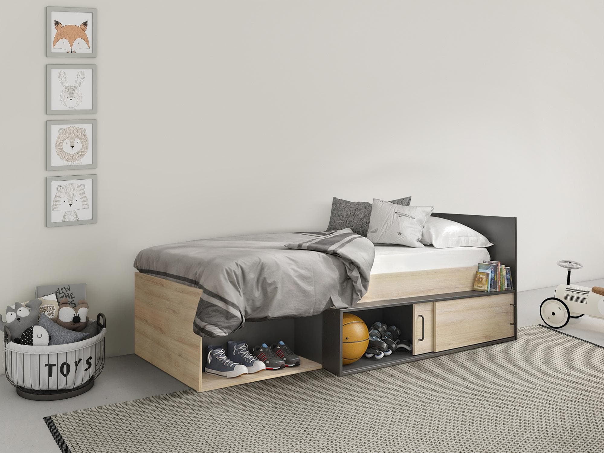 Jugendbett GAMI ERQUY Schwarz Eiche Krönberg Hell 110x204cm Bettgestell Einzelbett