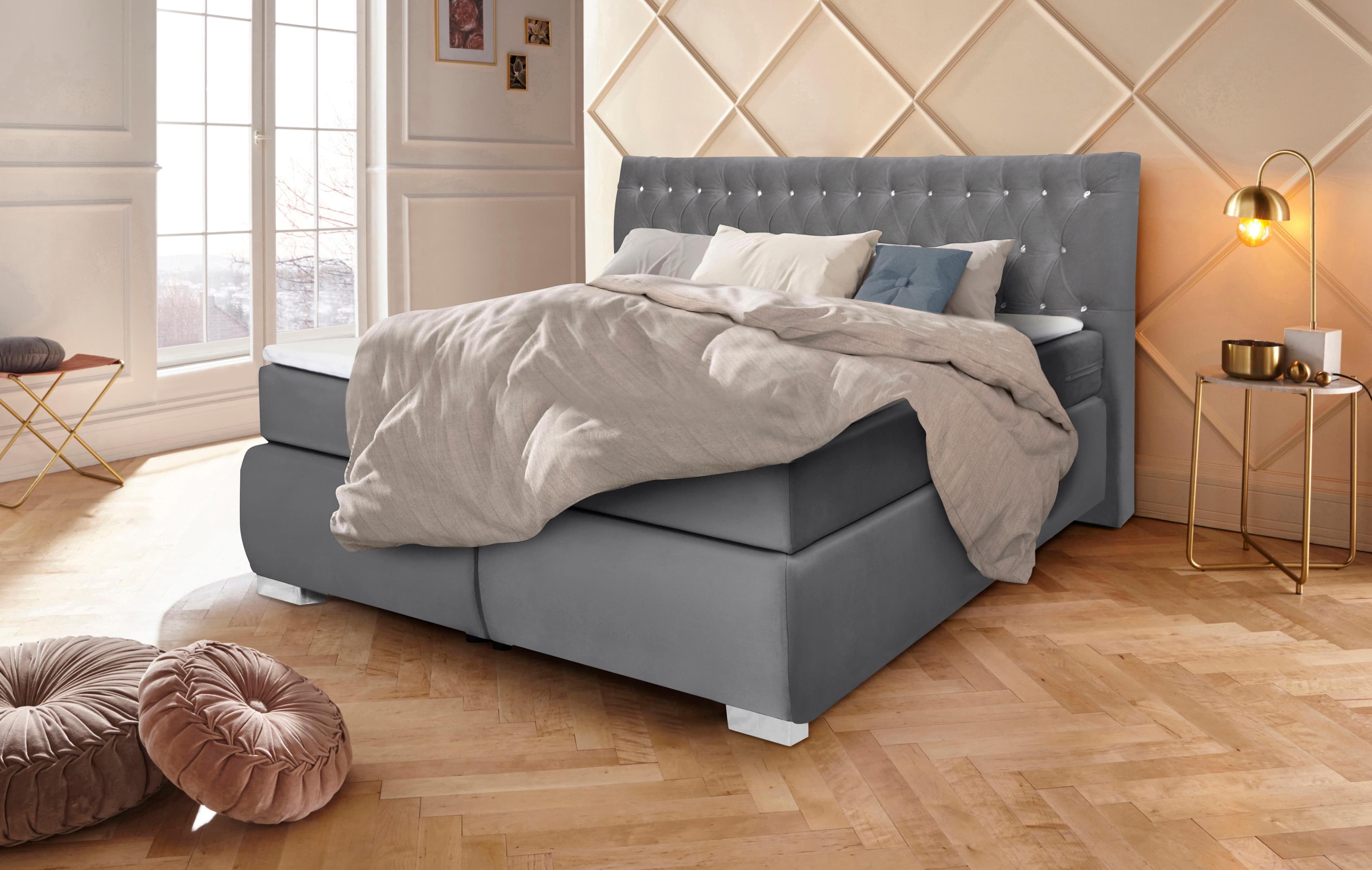 Boxspringbett LEONIQUE Rumba hellgrau Samtoptik mit Topper