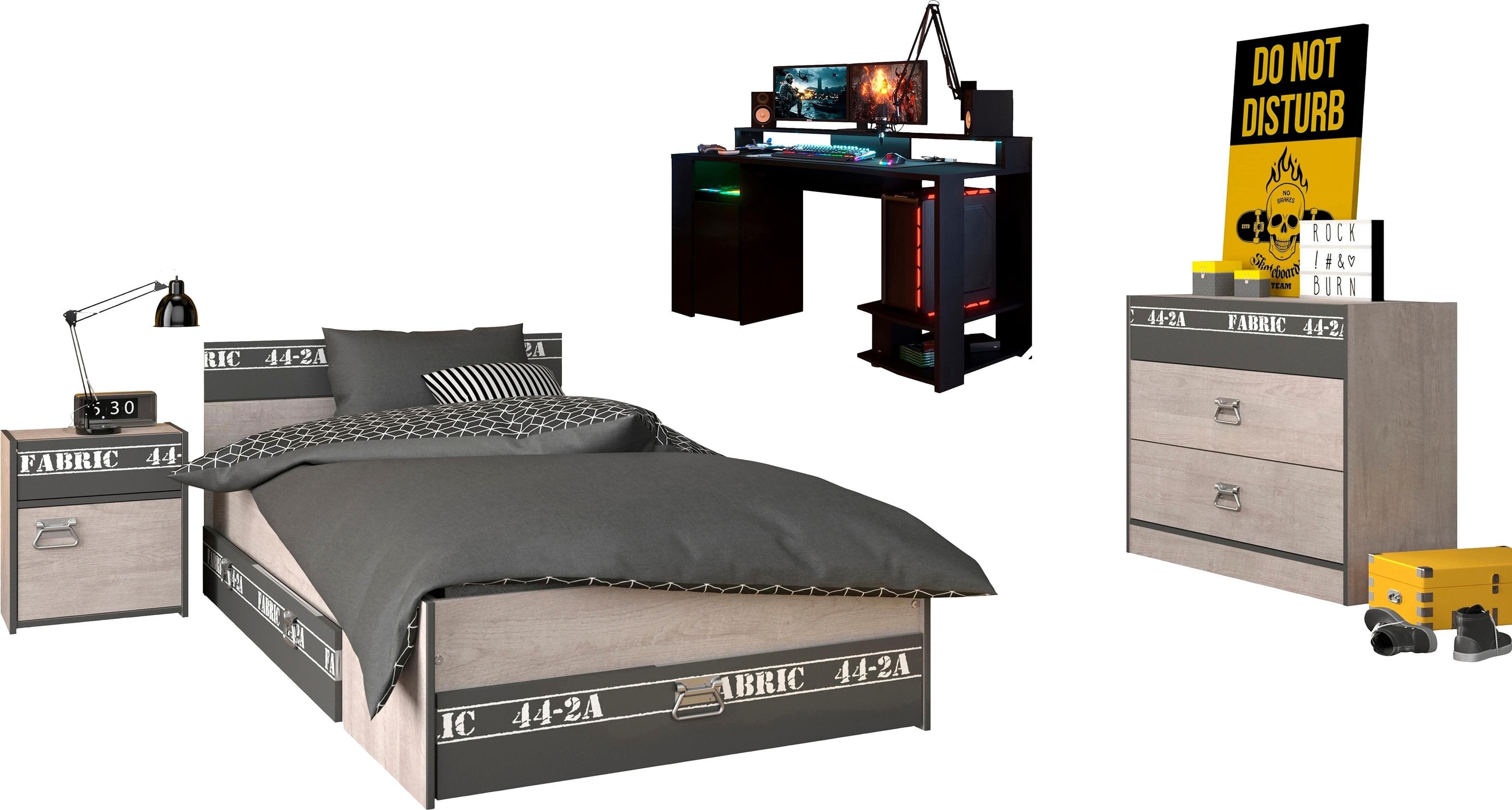 PARISOT Jugendzimmer-Set Fabric 21 Grau Gaming-Schreibtisch LED