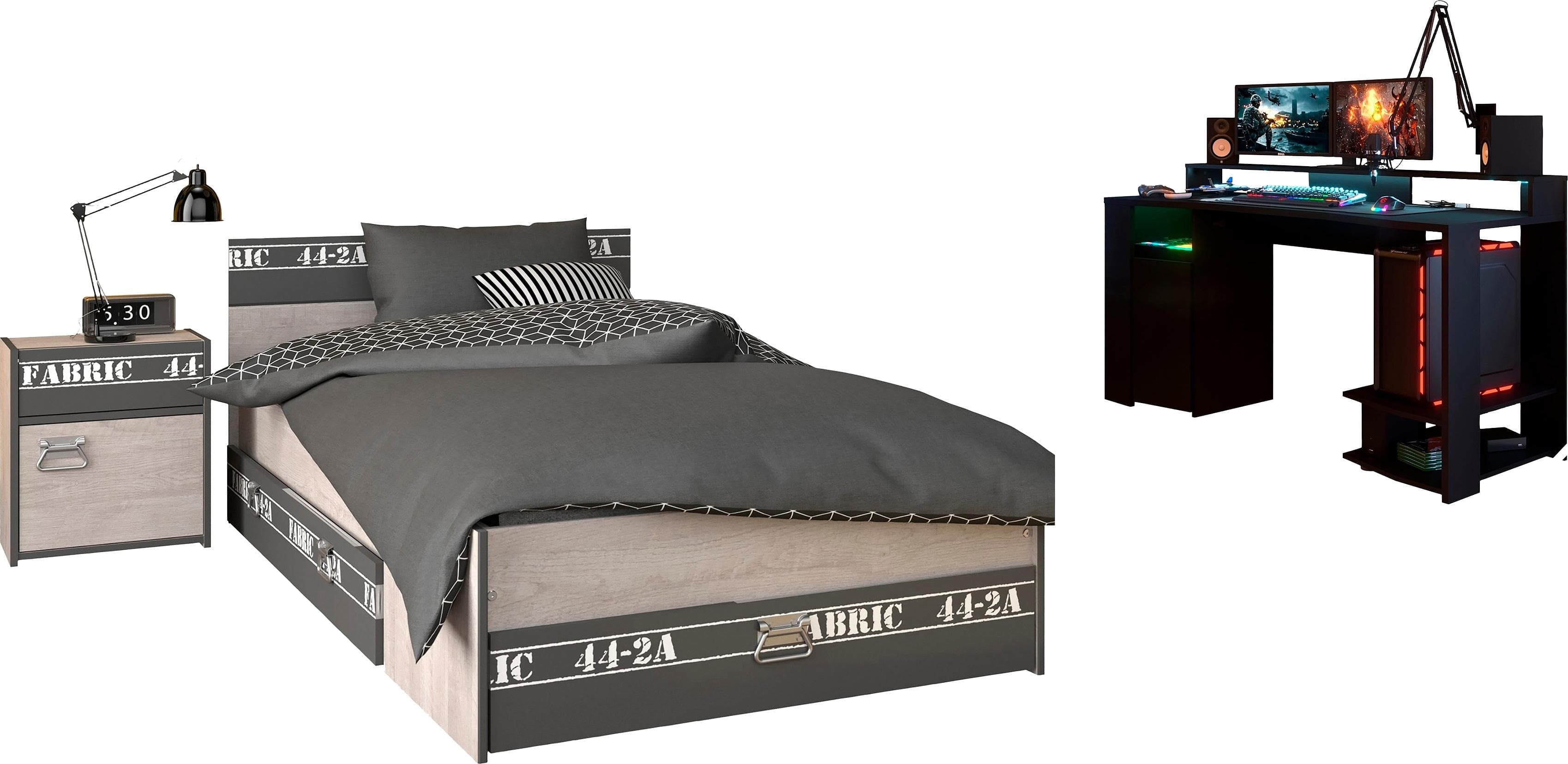 Parisot Jugendzimmer-Set Fabric 22 Grau mit Gaming-Schreibtisch