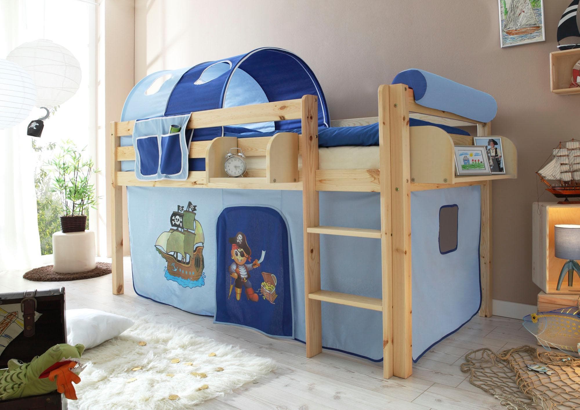 Hochbett TICAA Malte mit Matratze Kiefer Natur Blau