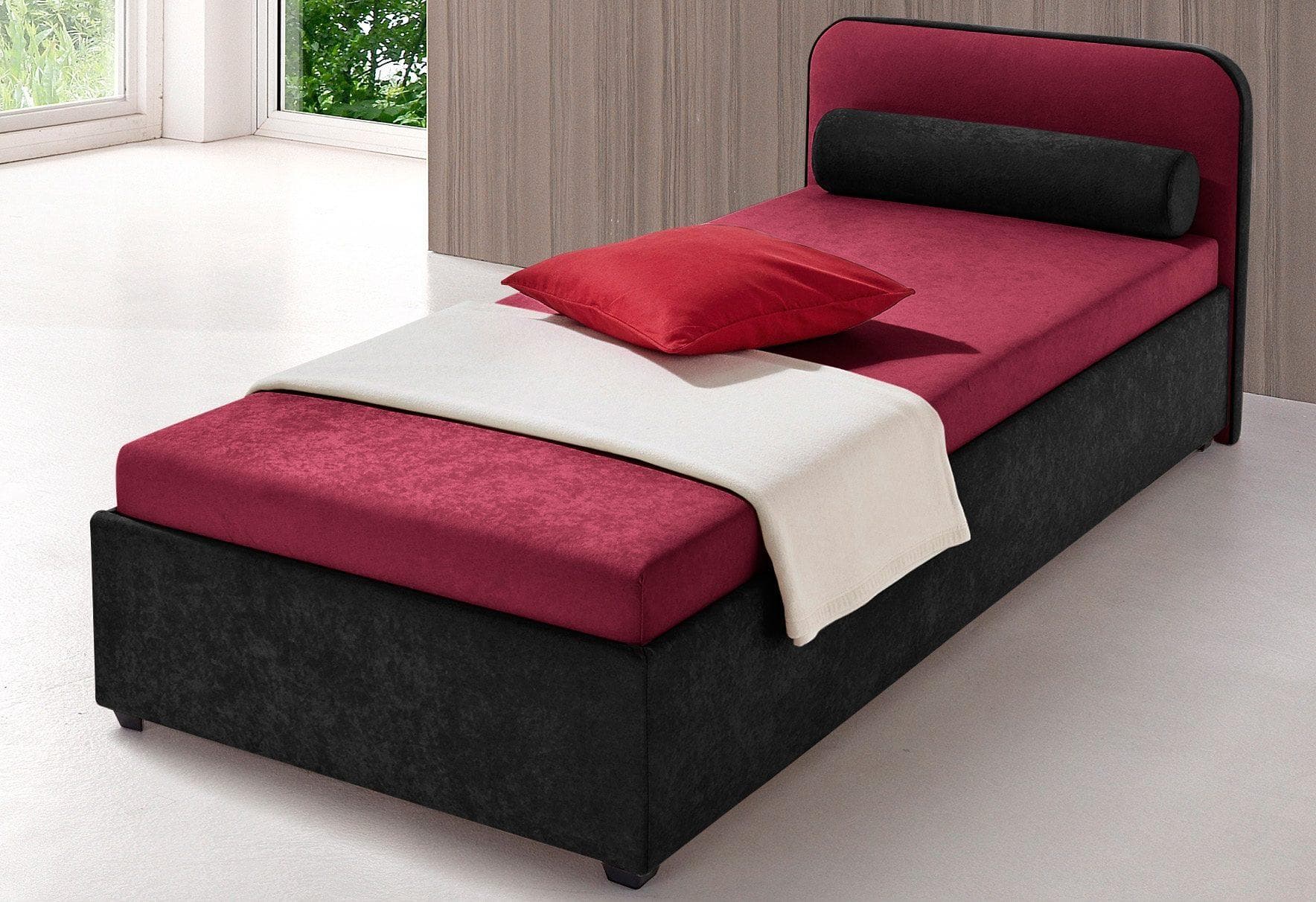 Polsterbett MAINTAL Bordeauxrot/Schwarz mit Bettkasten