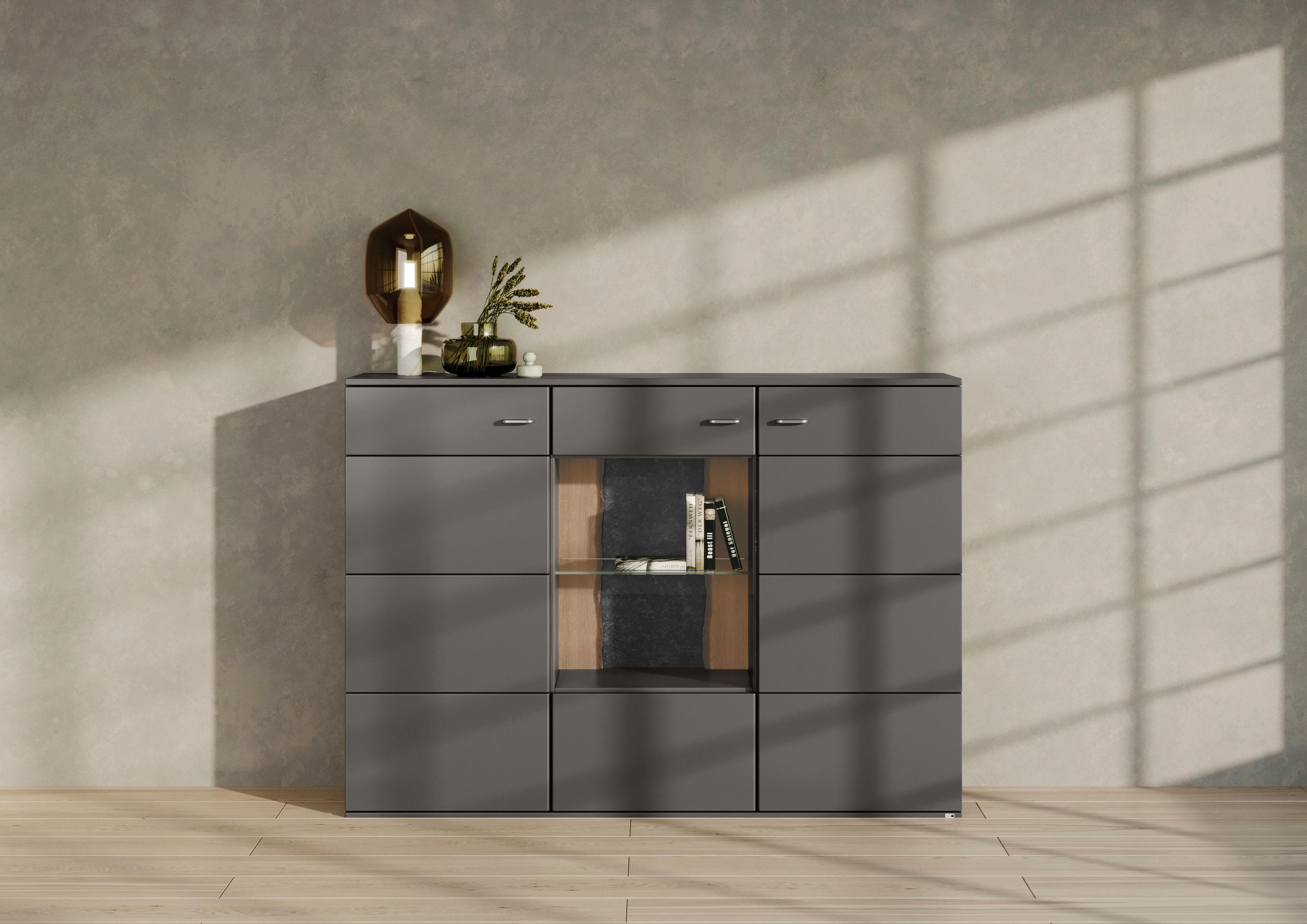 Highboard TACOMA Grau Melamin Glastür SET ONE by Musterring