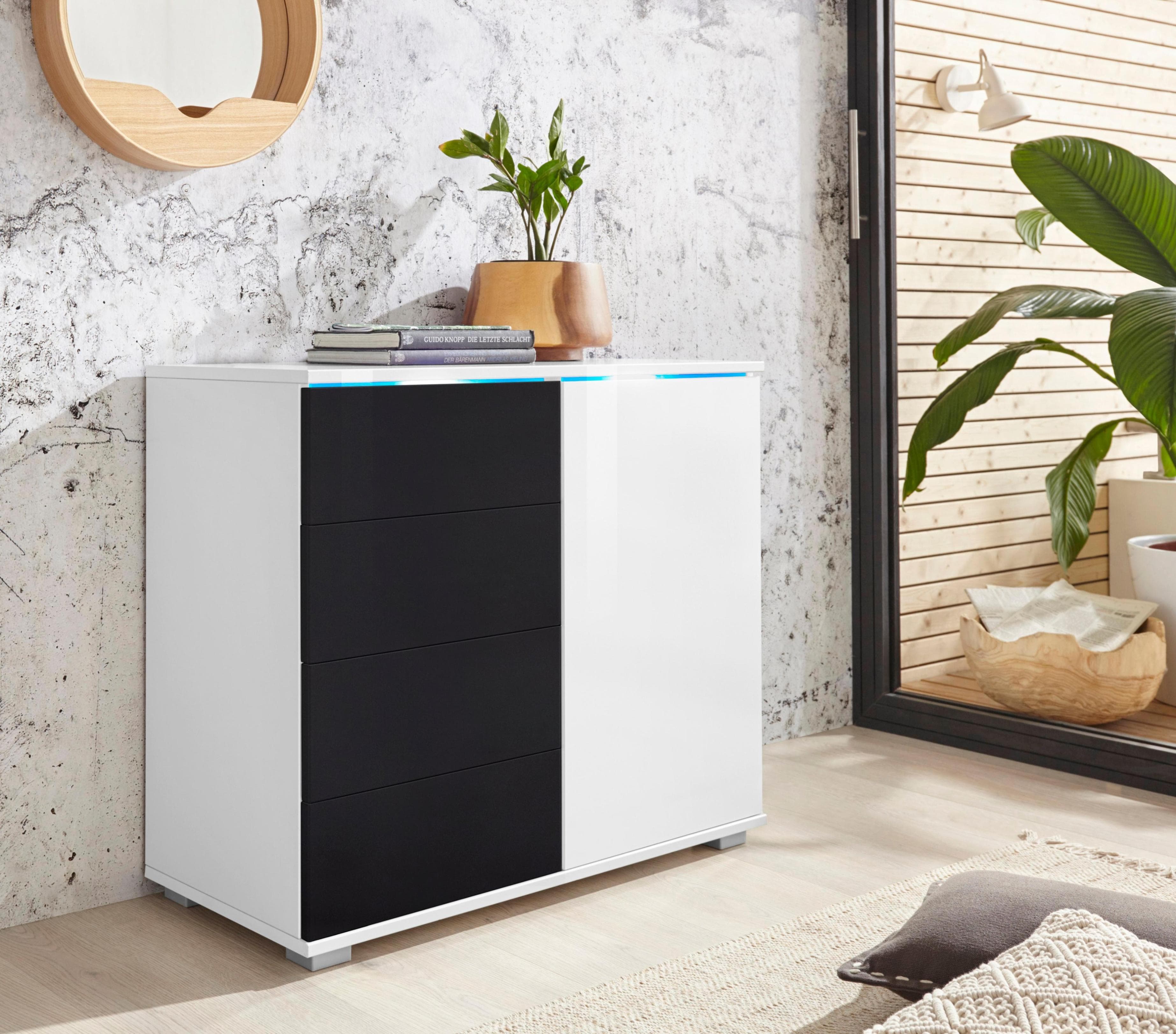 Kombikommode PRIESS Schwarz/Weiß Hochglanz Push-to-open LED