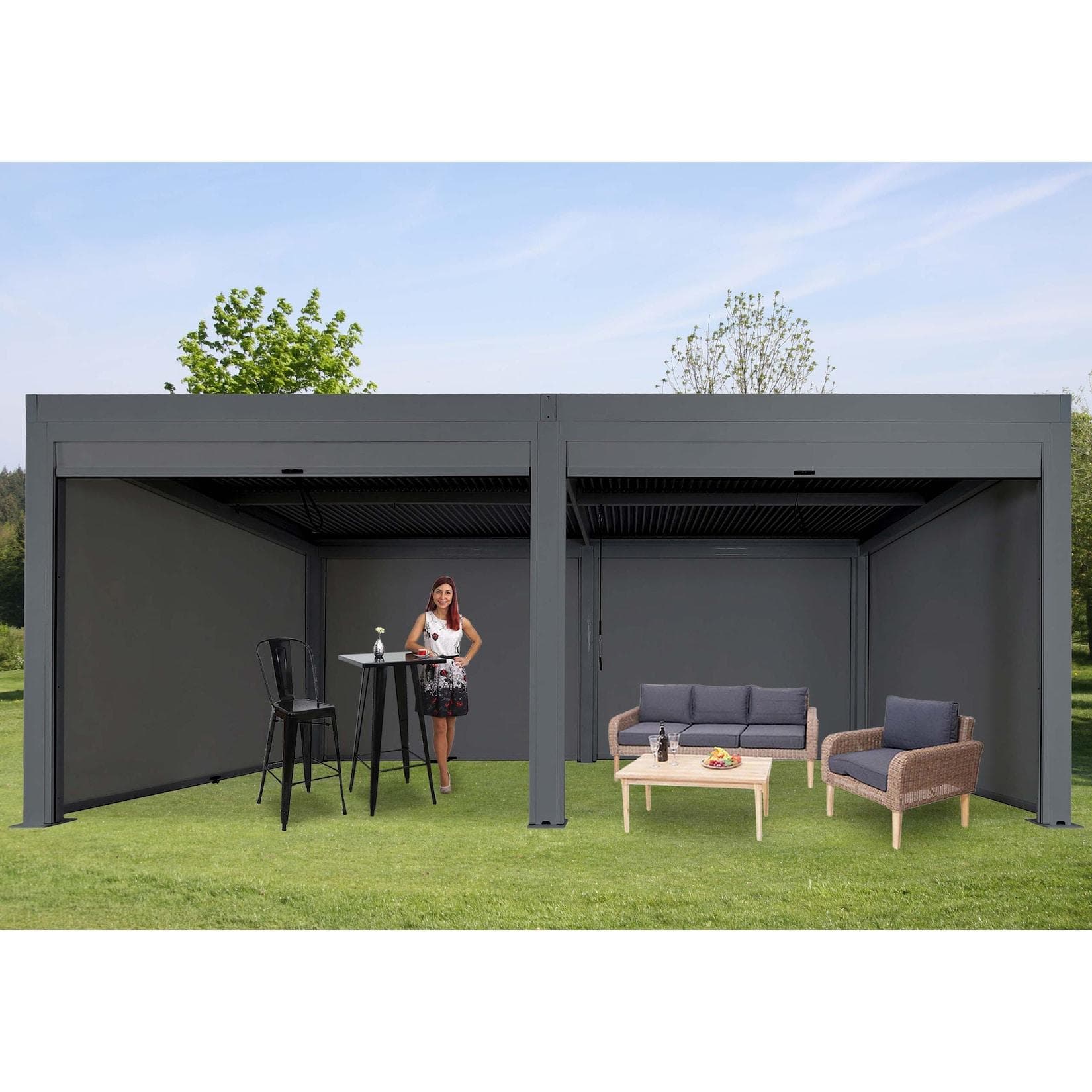 Pergola MCW-L46 mit 6x Seitenwand, Gartenpavillon Lamellen-Pavillon Rollo, 11cm-Alu-Gestell, sturmfest 3x6m Anthrazit