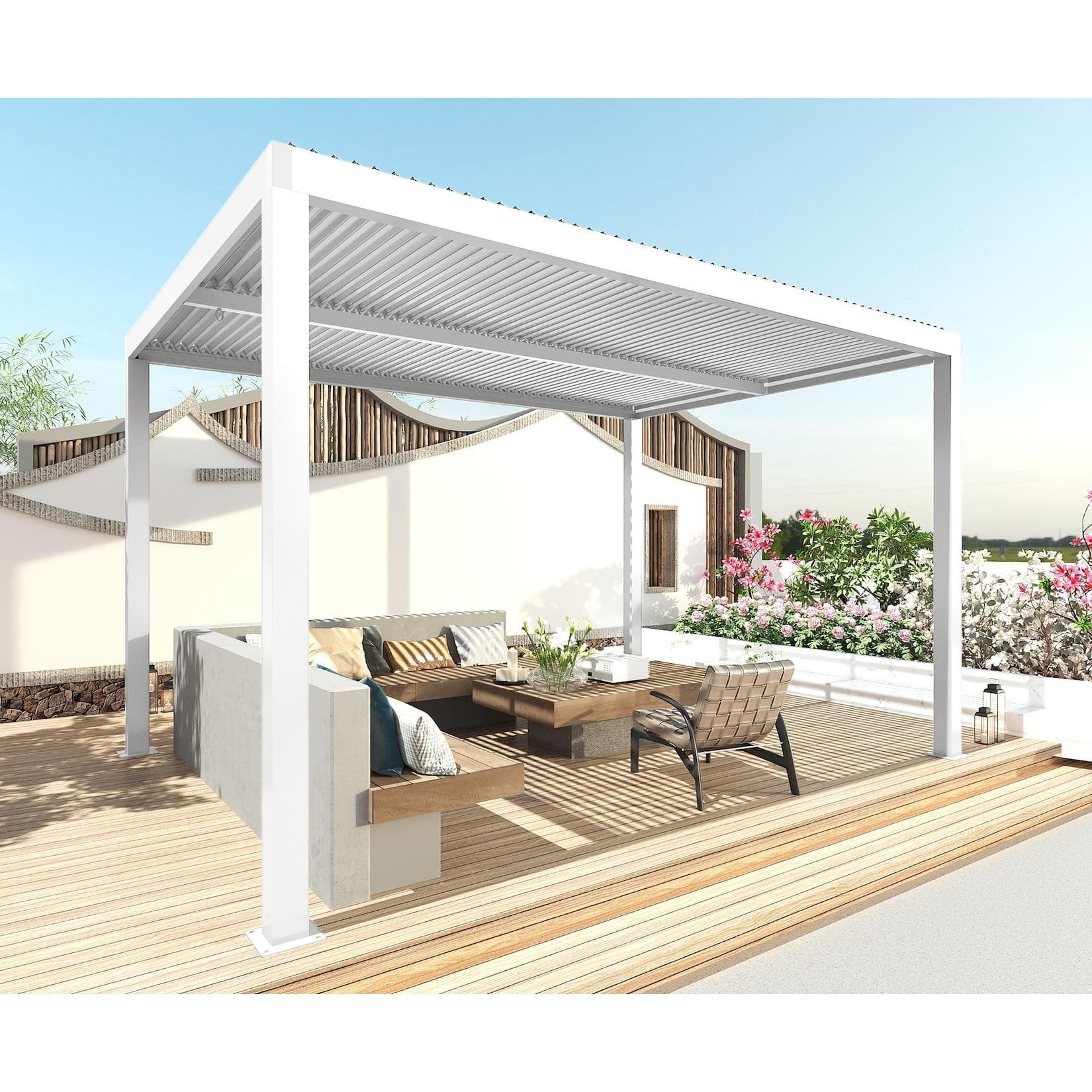Pergola MCW-L46 Gartenpavillon Lamellen-Pavillon 11cm Aluminium-Gestell Regenrinne Sturmfest 3x3m Weiß