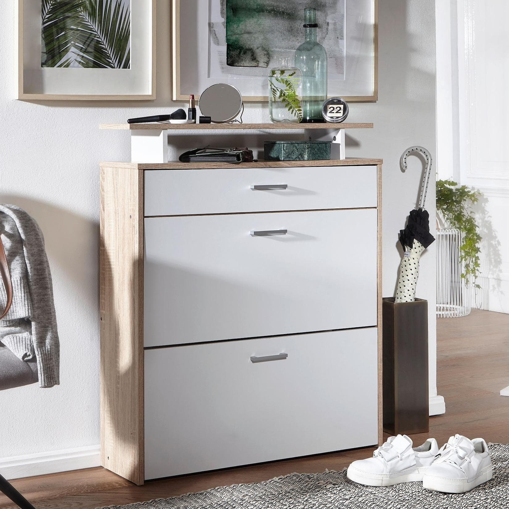 Schuhschrank Sonoma Eiche / Weiß mit Ablage und Schublade