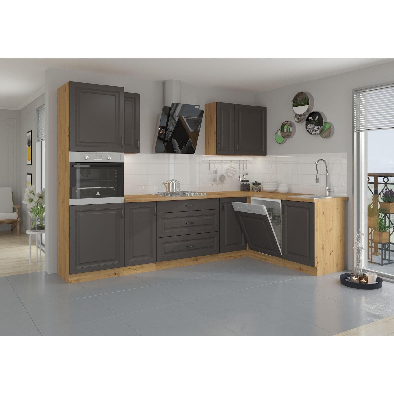 Küche Stilo Grau + Eiche Artisan Küchenzeile Winkelküche