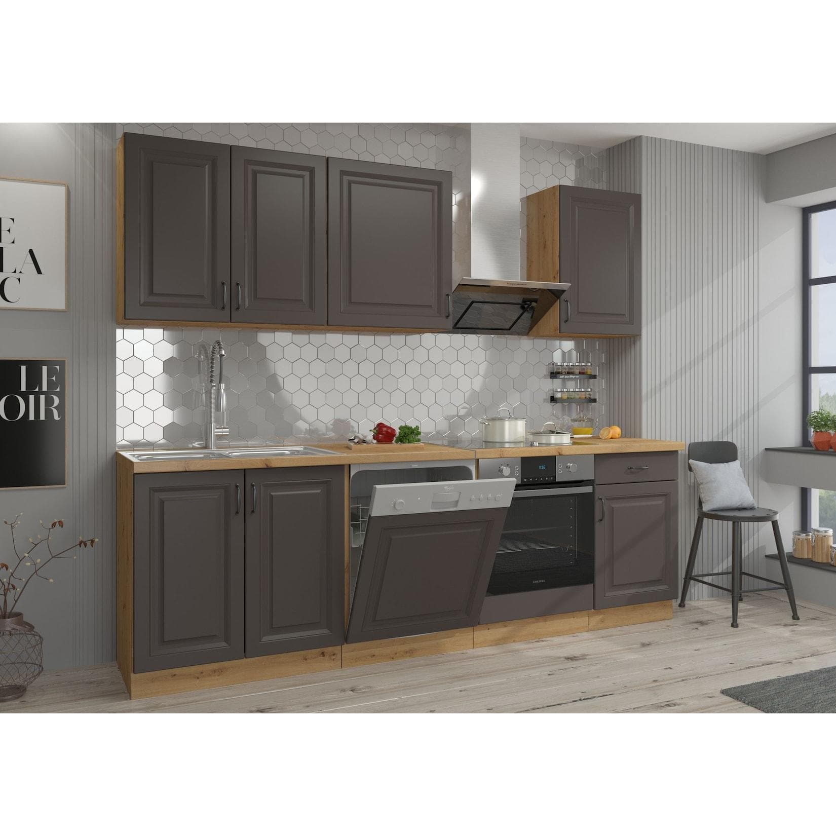 Küche Stilo Grau Eiche Artisan 250 cm Küchenzeile Einbauküche