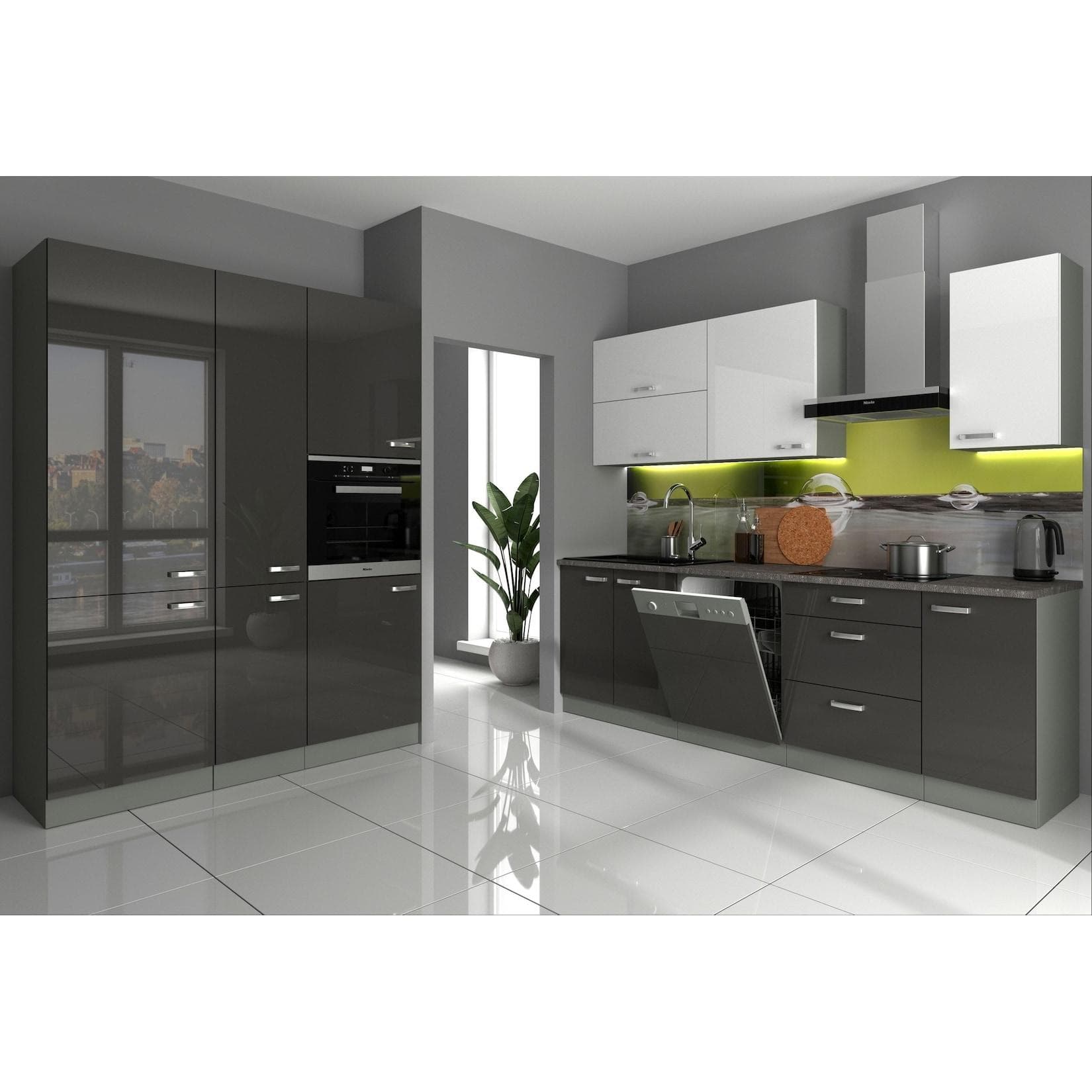 Hochglanz Grau-Weiß Küchenzeile: Moderne Einbauküche mit viel Stauraum