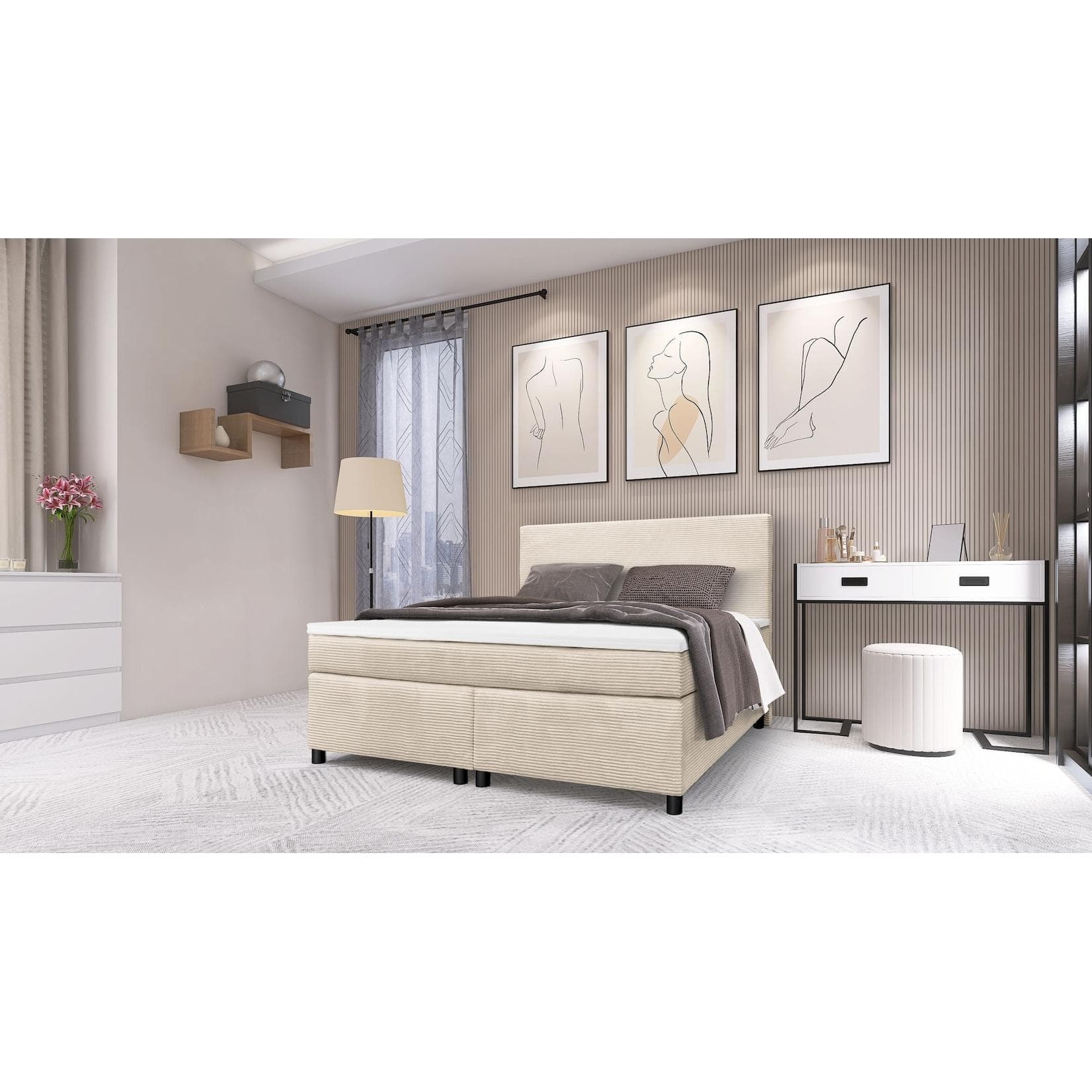 Boxspringbett Paxos Cordstoff Beige 140x200 Hotelbett Bonellfederkern