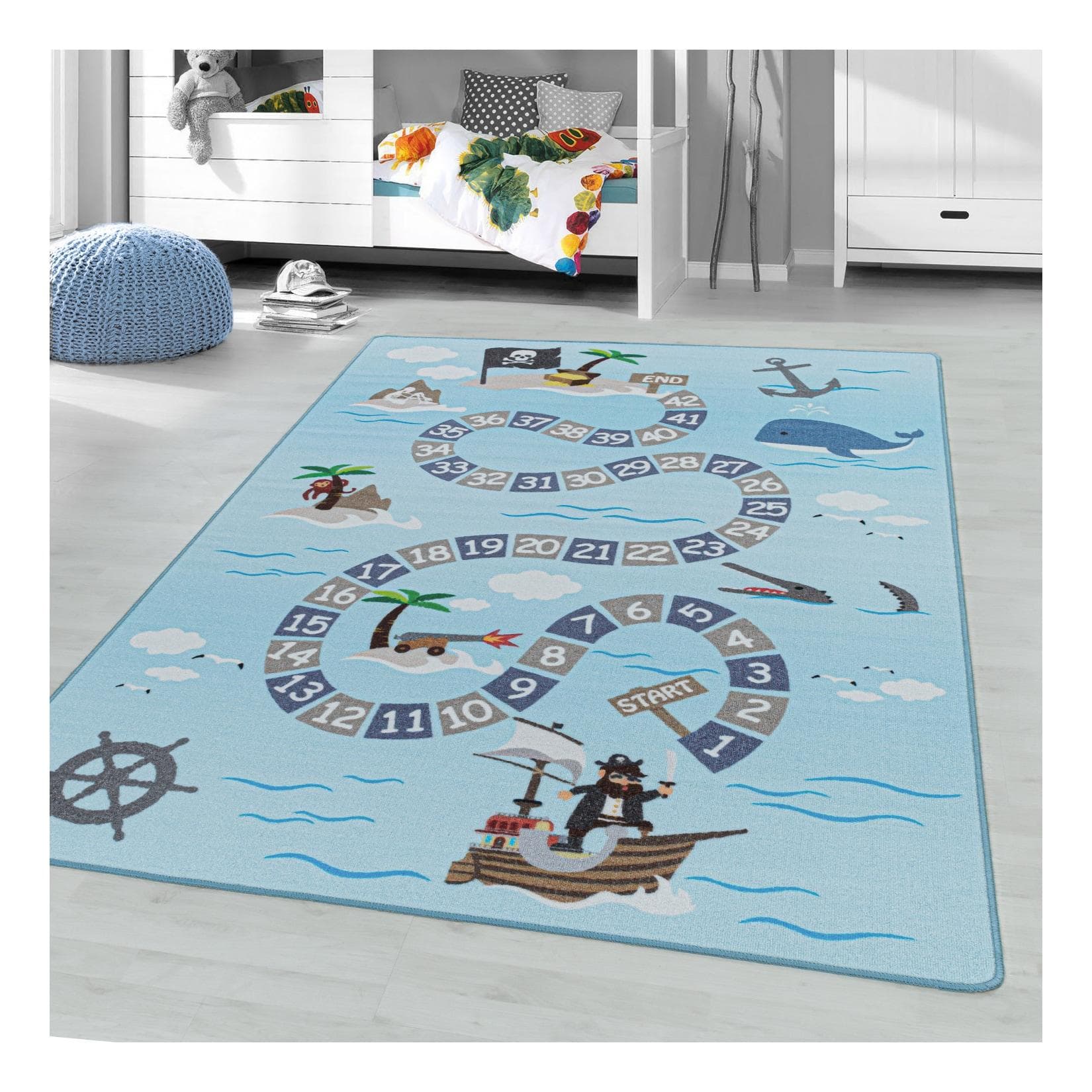 Ayyildiz Kinderteppich Spielteppich Hüpfkästchen Meer, Seemann, Piraten, Schiff Motiv 8mm