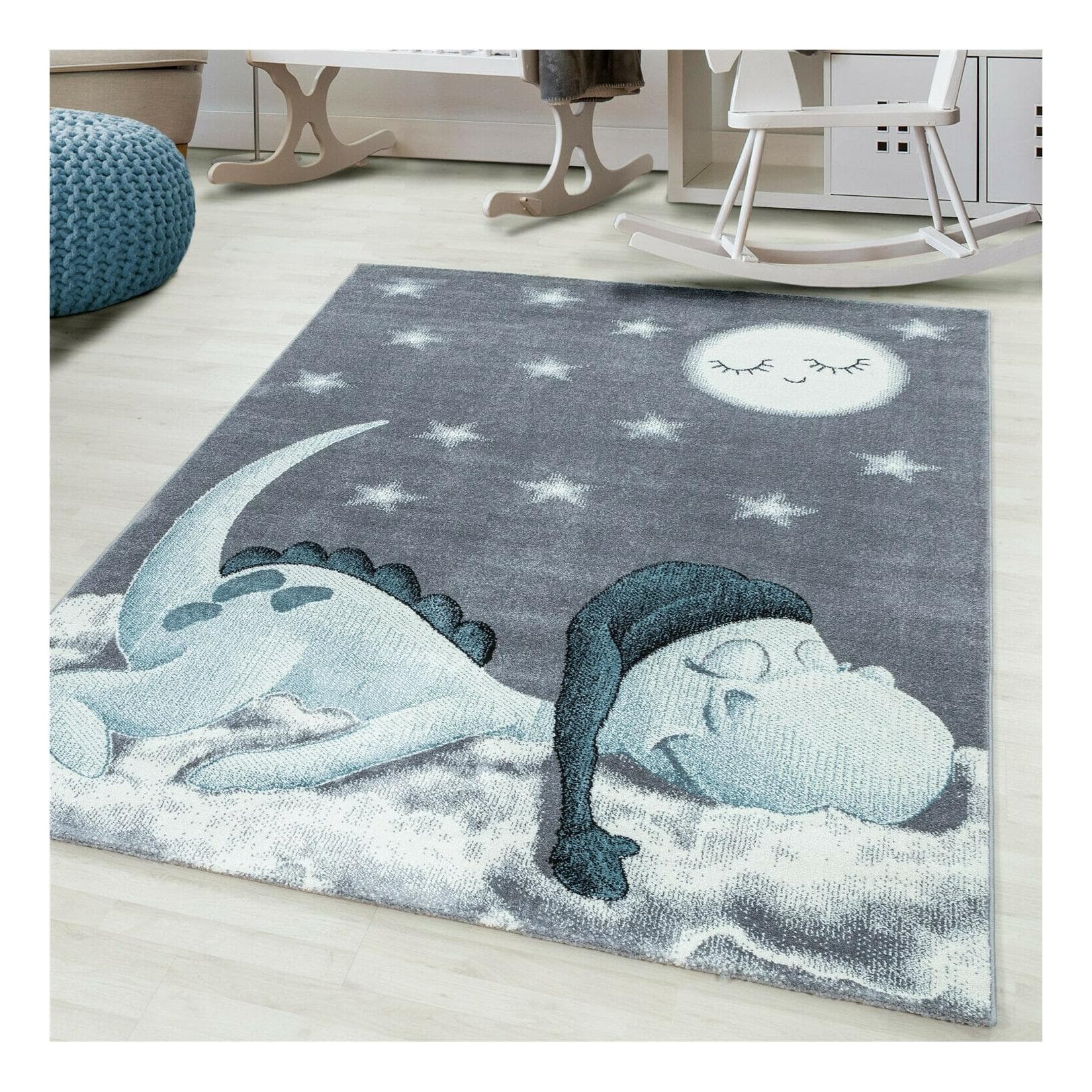 Ayyildiz Kinderteppich Dino Motiv Blau/Grau Kurzflor