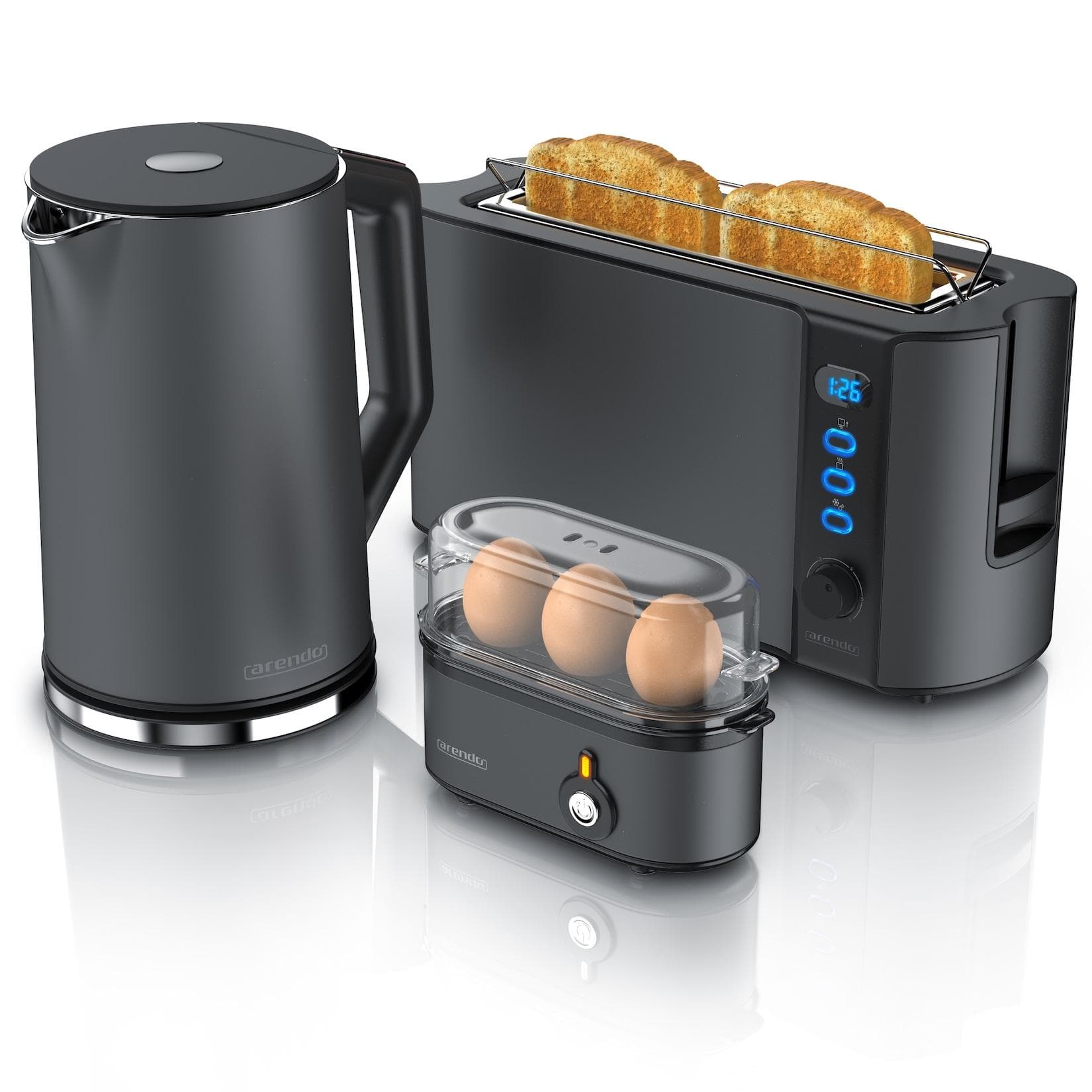 Arendo Frühstücks-Set in grau Wasserkocher Toaster Eierkocher