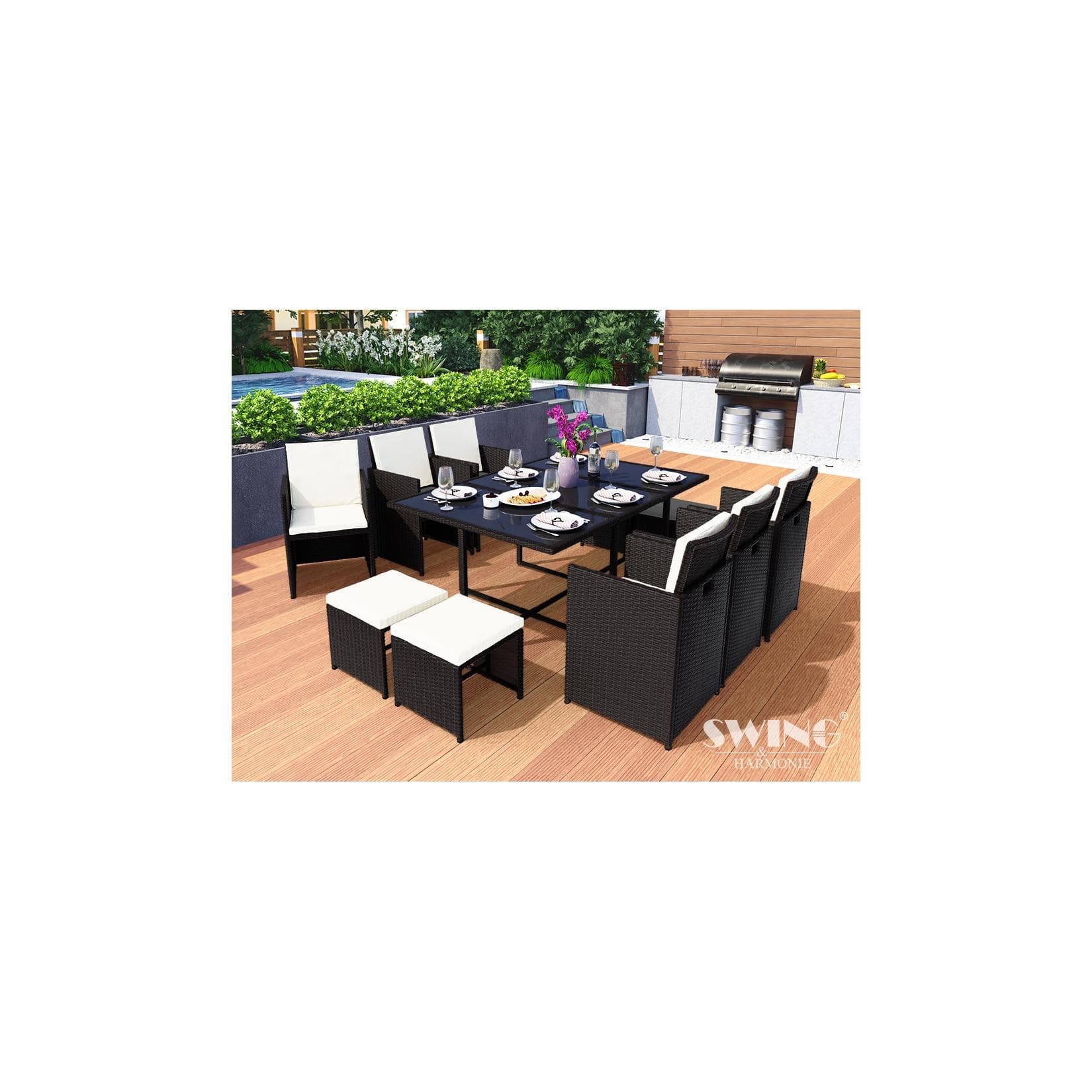 Swing&Harmonie Vegas Polyrattan Sitzgruppe 11-tlg. Schwarz Esstisch Lounge