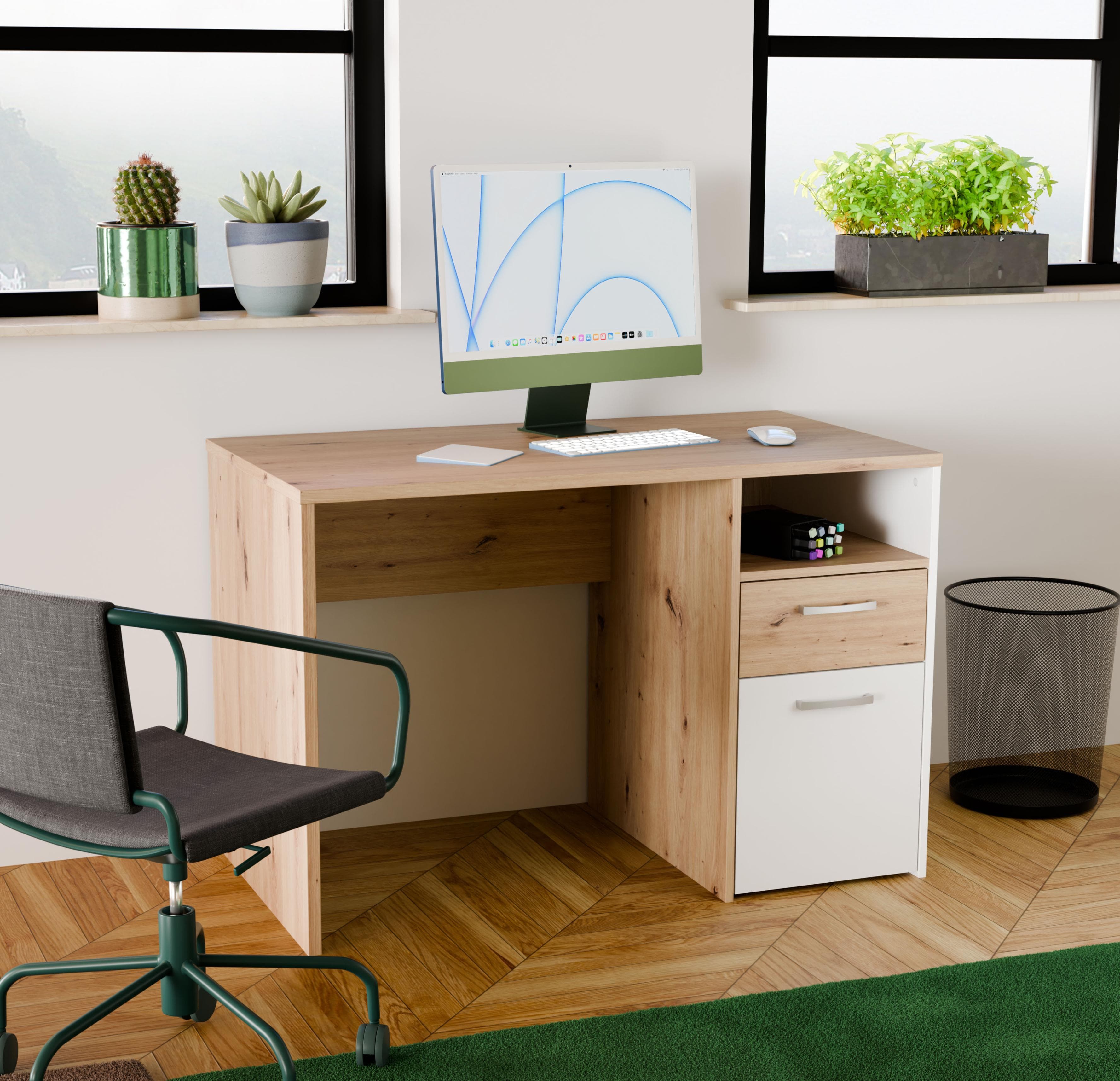 Schreibtisch mit Schublade, Tür und offenem Fach in Weiß/Artisan Eiche