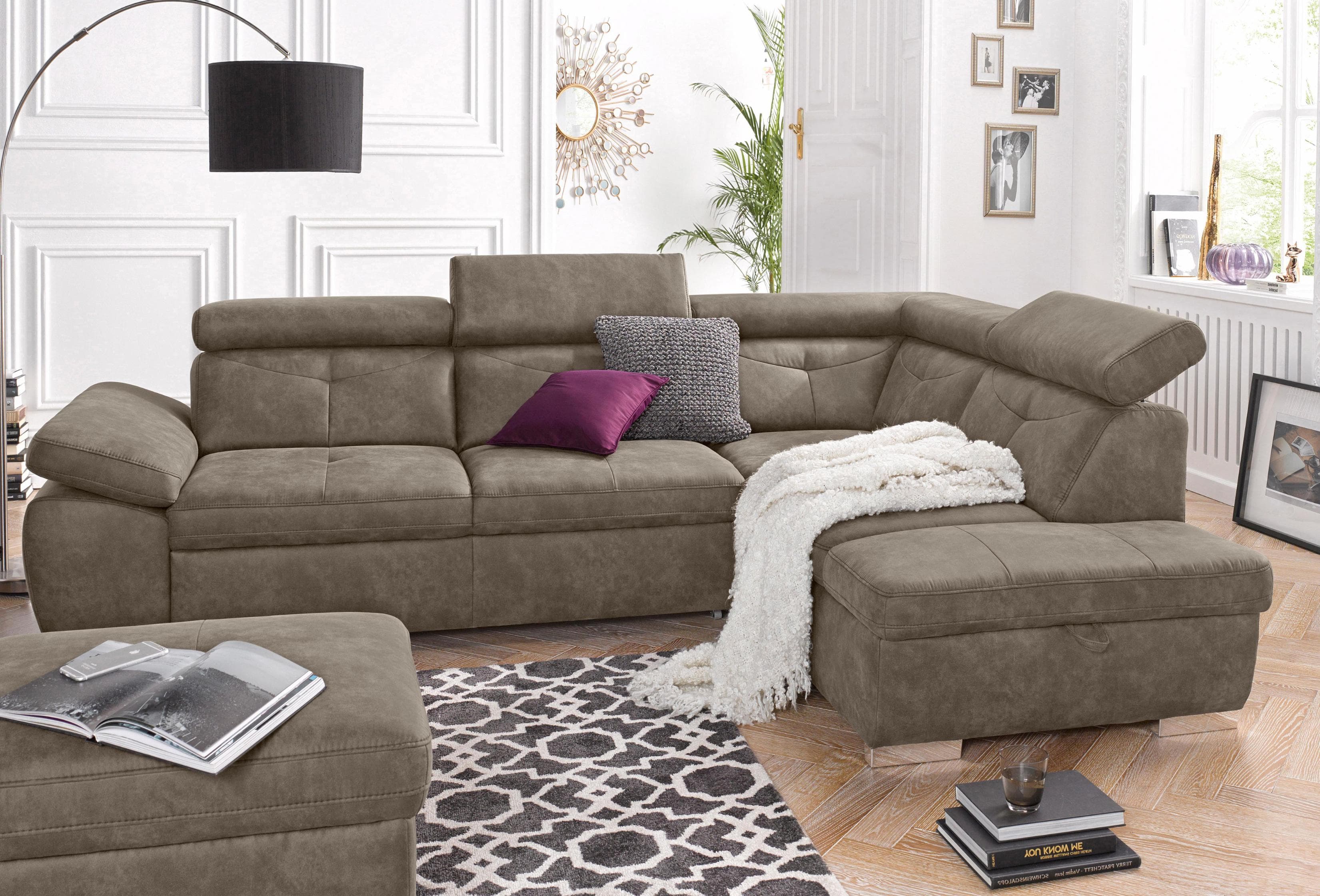Ecksofa EXXPO SOFA FASHION Grau mit Bettfunktion und Verstellfunktion