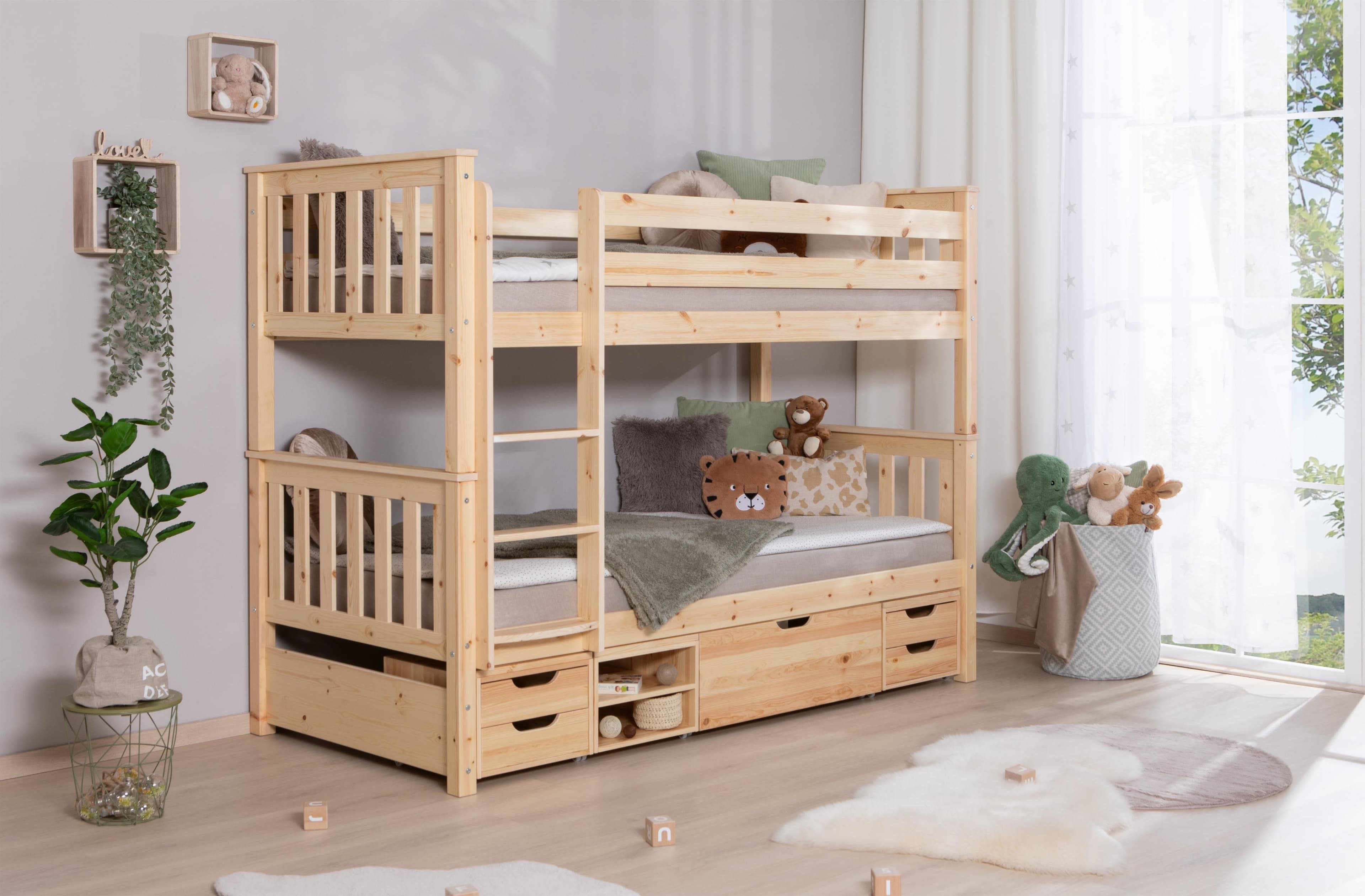 Etagenbett mit Rollrost und Schubladen - Kieferholz