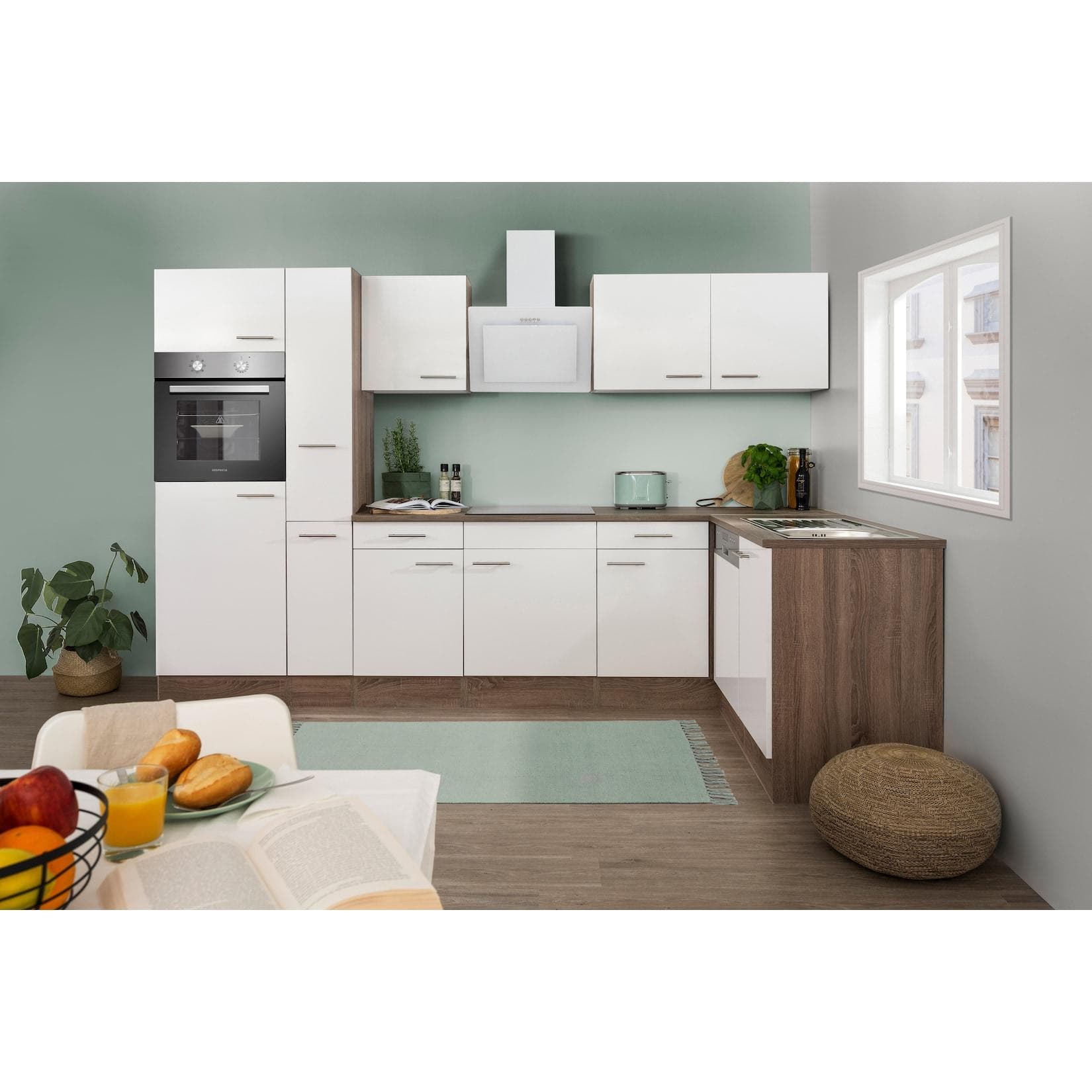 Respekta Küchenprogramm Eiche York Winkelküche 310 cm inkl. E-Geräte & Mineralite Einbauspüle, weiß