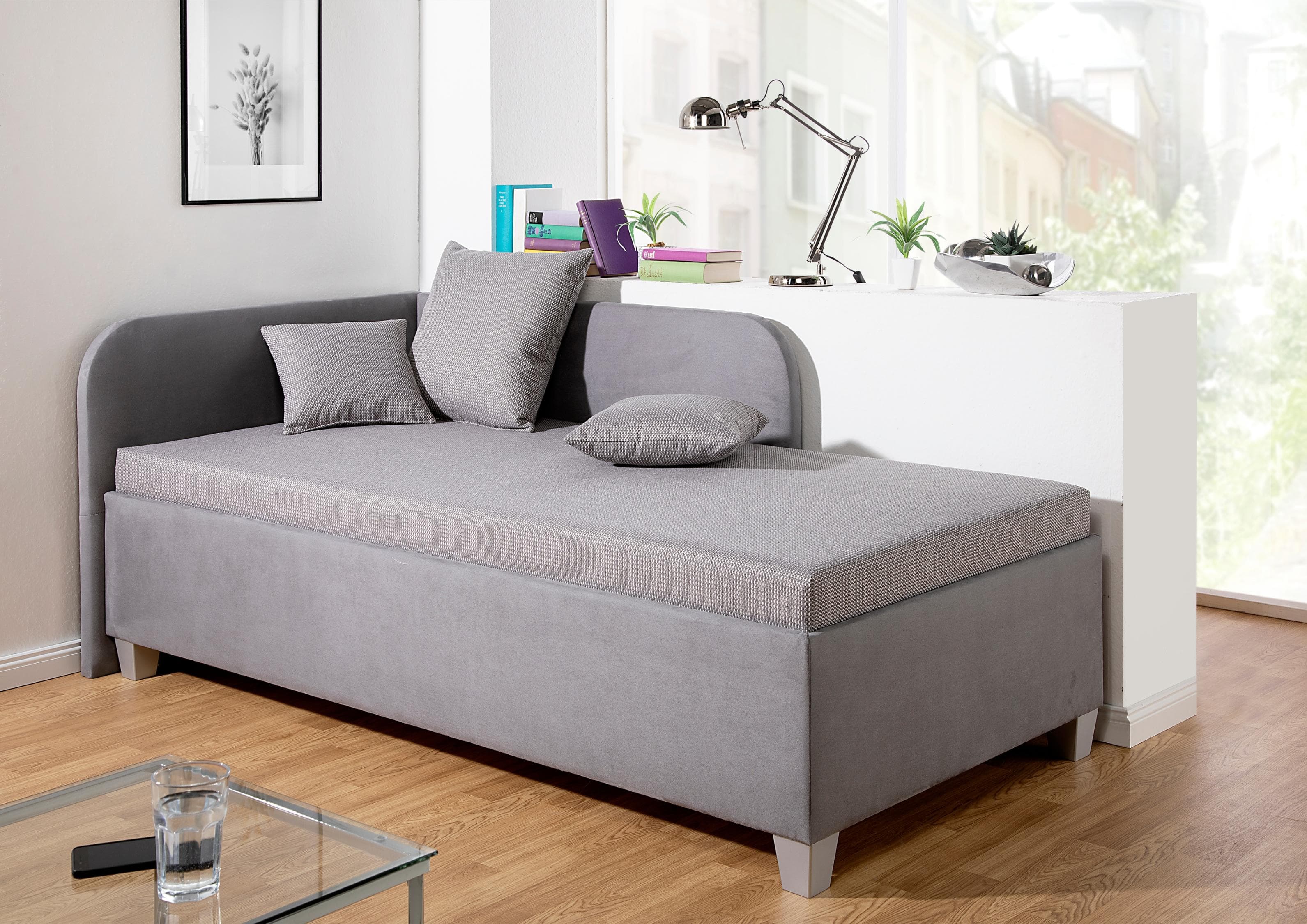 Polsterliege mit Bettkasten und Matratzenwahl (Federkern/Bonell)