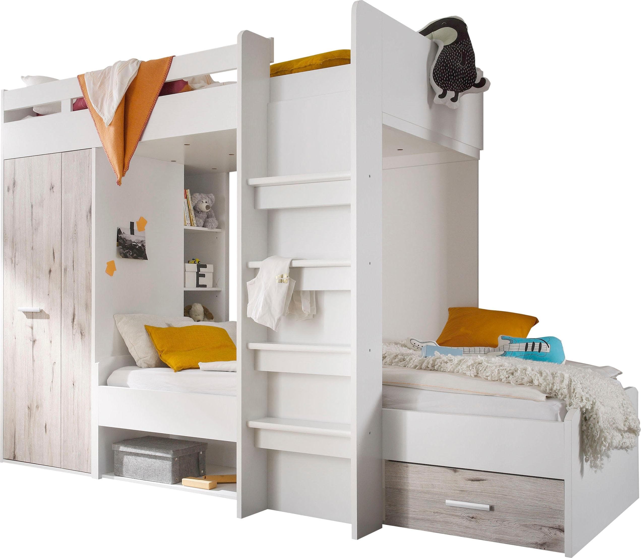 BEGABINO MAXI Hochbett Weiß Sandeichefarben mit Kleiderschrank und Regalen