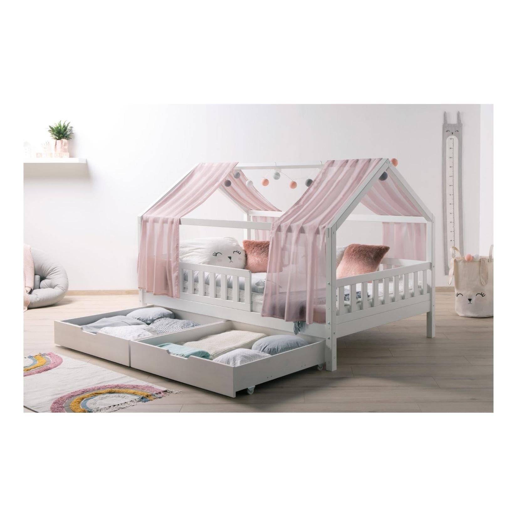 TiCAA Kinderbett Hausbett Weiß Kiefer Massivholz Montessori