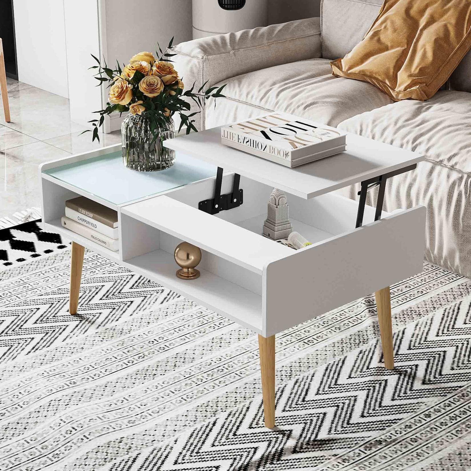 Makika Couchtisch Weiß Ausziehbar mit Glas und Verstecktem Fach
