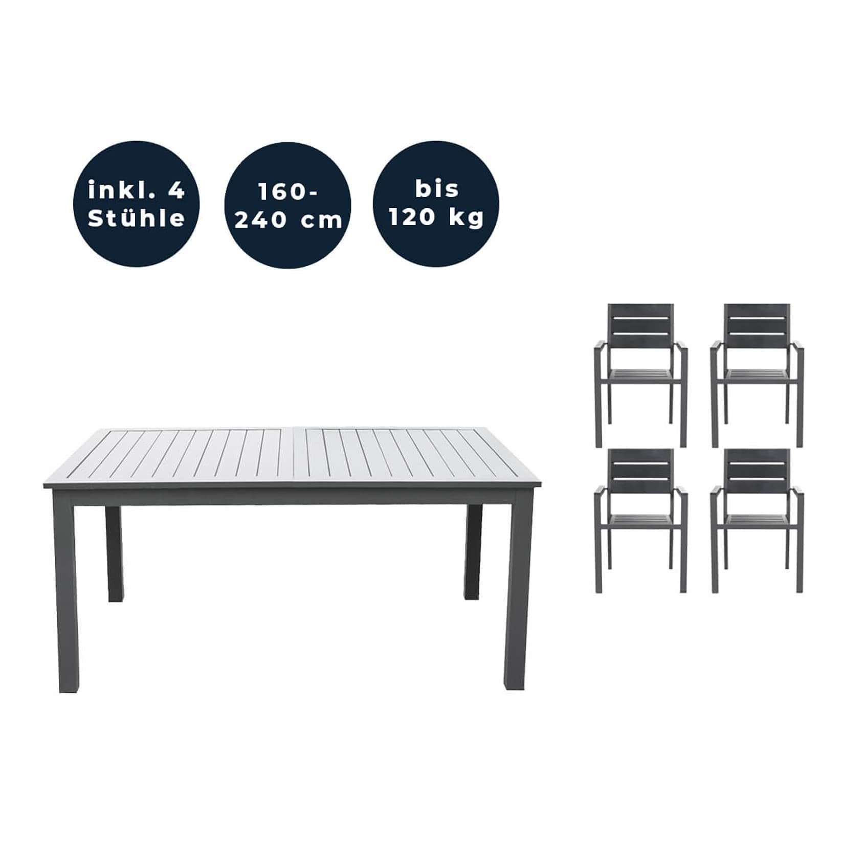 Ausziehbarer Gartentisch & 4 Stapelstühle aus Aluminium |  Balkon & Terrasse