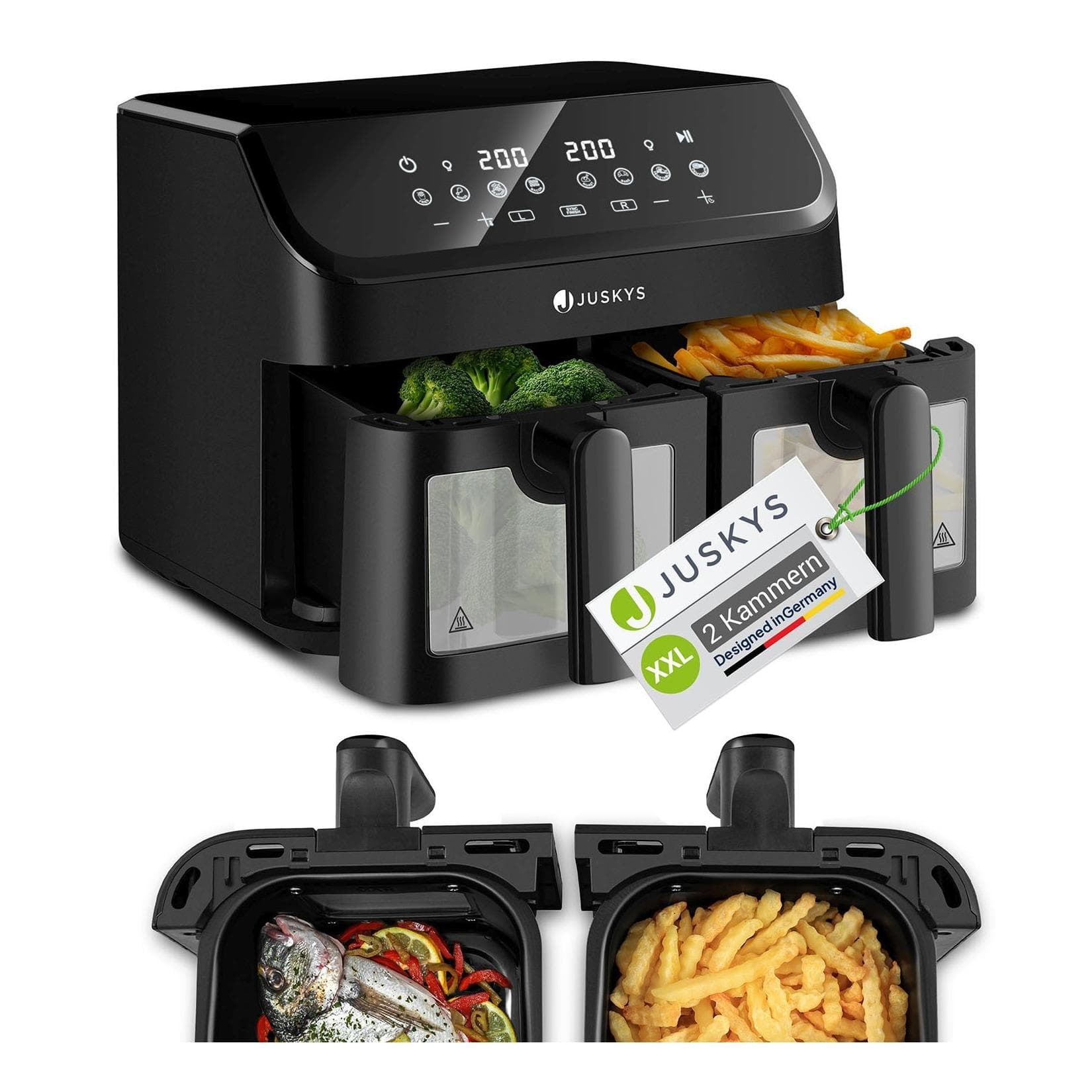 Juskys Heißluftfritteuse 9 L Doppelkammer 2 Körbe 9 Programme Smart Finish beschichtet