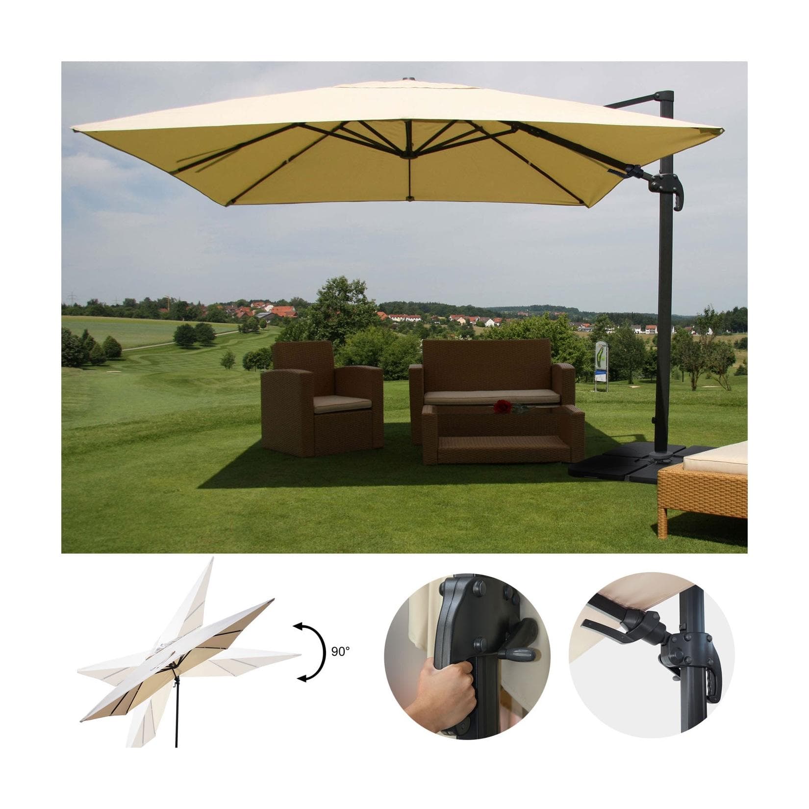 Gastronomie-Ampelschirm MCW-A96 3x3m Polyester Alu/Stahl 23kg Creme