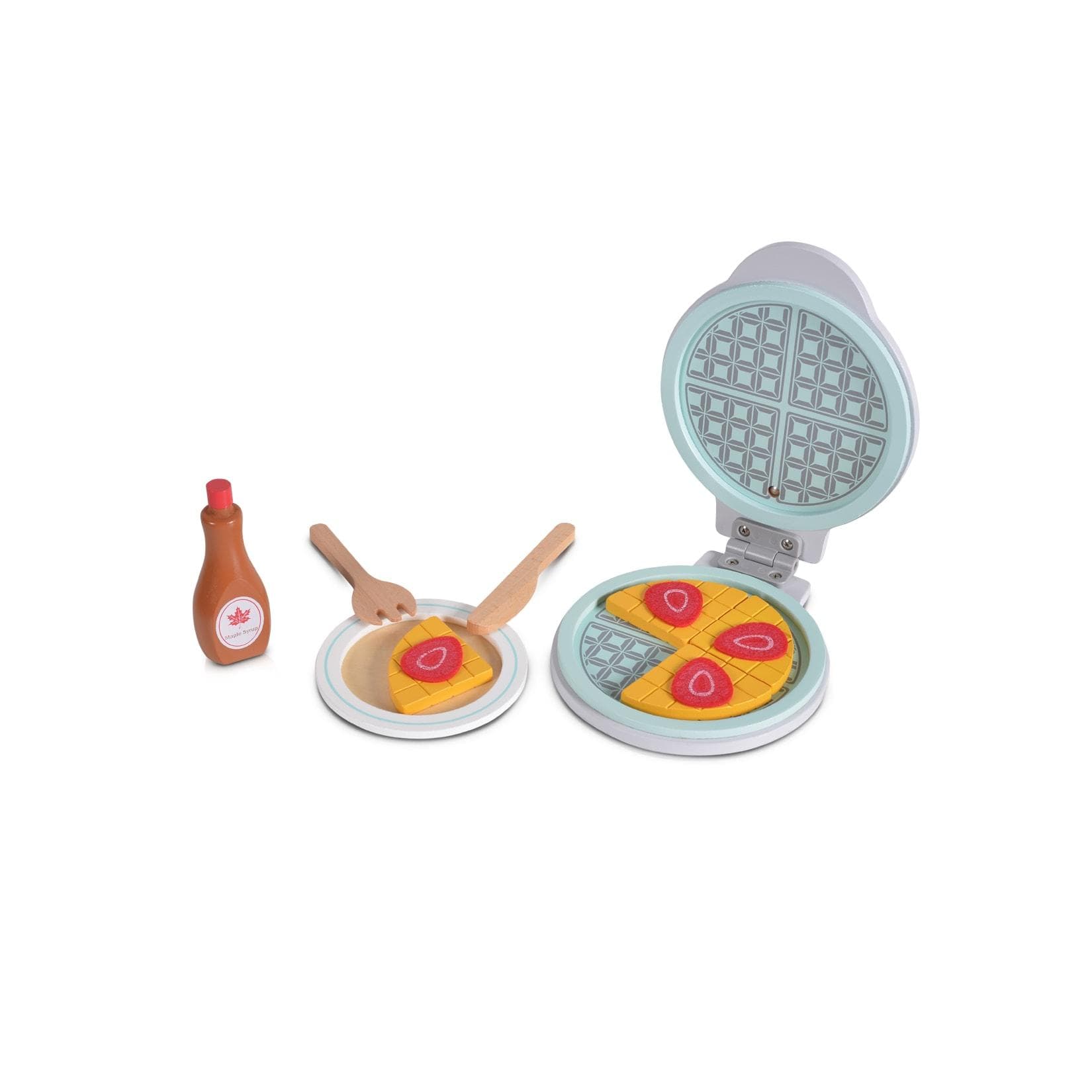 Moni Spielzeug Waffeleisen Holz 4334 Bunt mit Waffelstücken, Messer, Gabel, Teller & Sirup