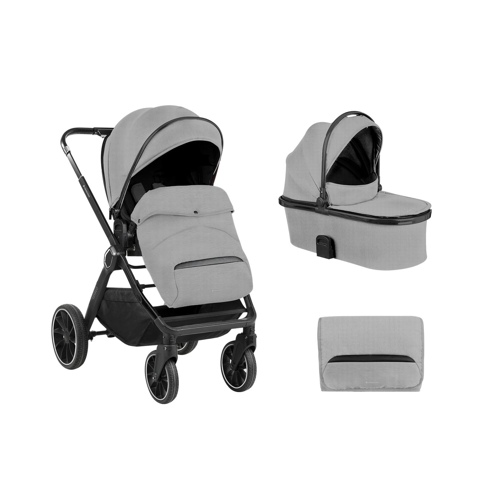 Kikkaboo Kinderwagen Tiffany 2 in 1 Babywanne, Sportsitz, Wickeltasche, PU-Räder grau