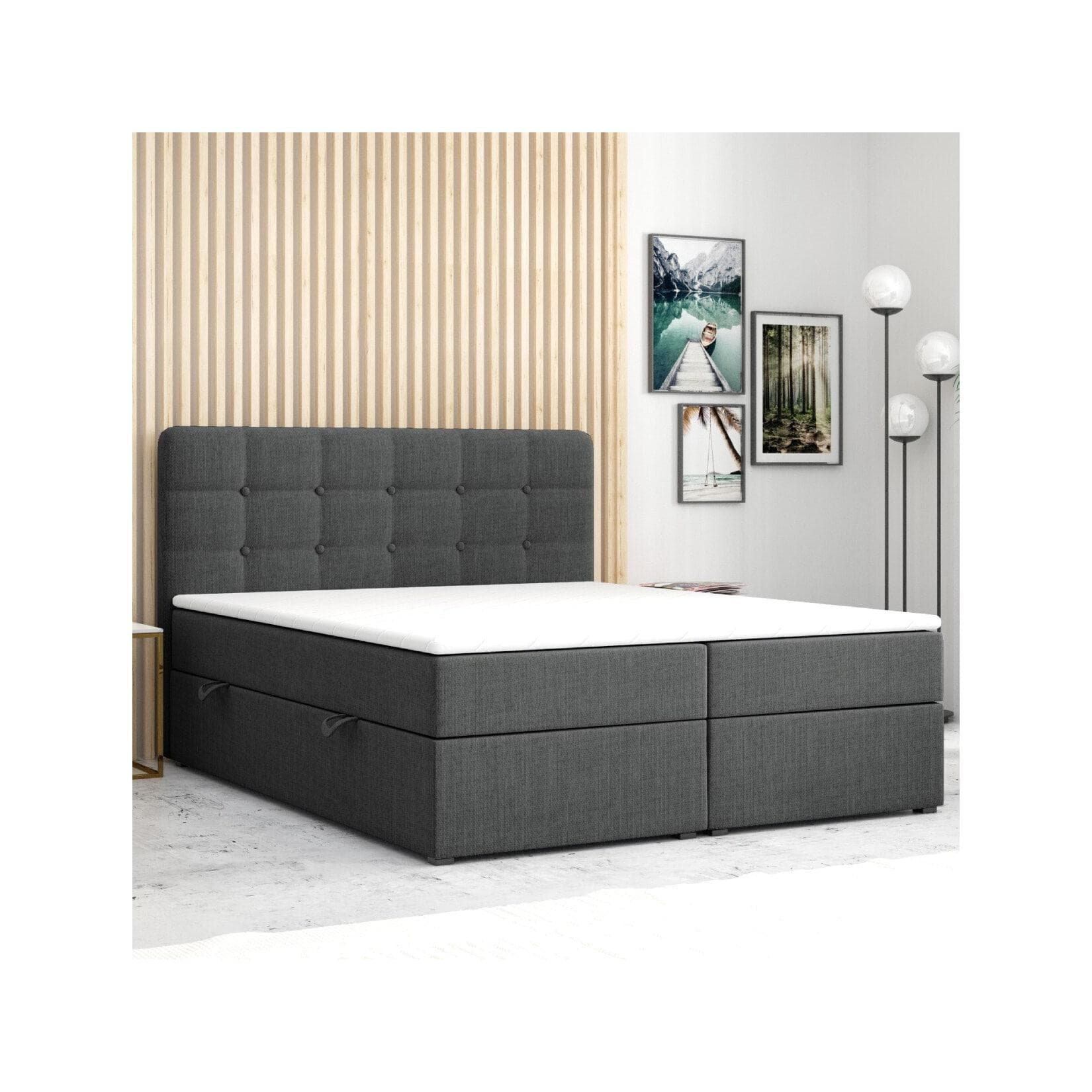 M-Punkt Boxspringbett Prag Chesterfield Grau mit Bettkasten